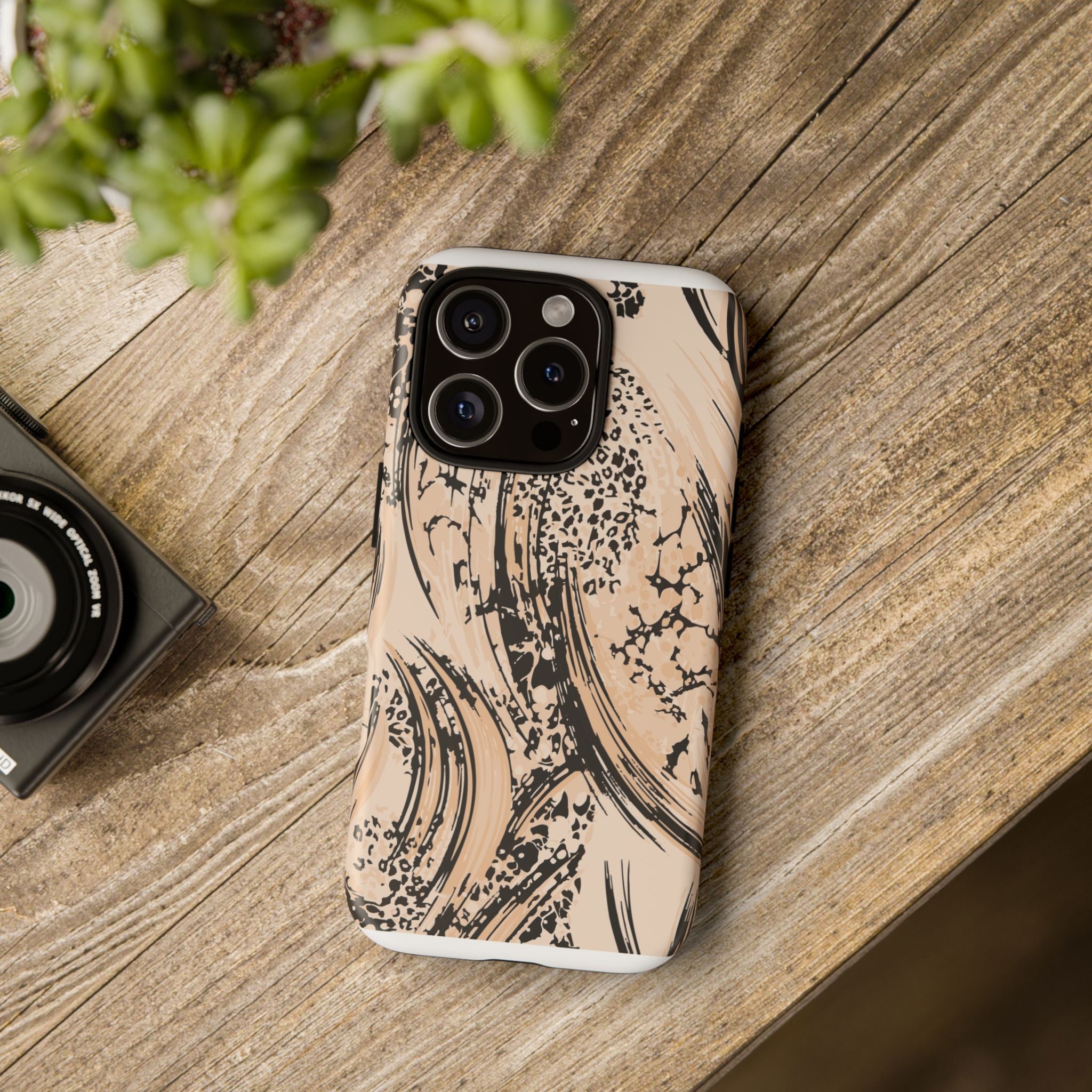 Abstract Brushstroke Phone Case — Neutral Beige & Black Artistic Protective Cover