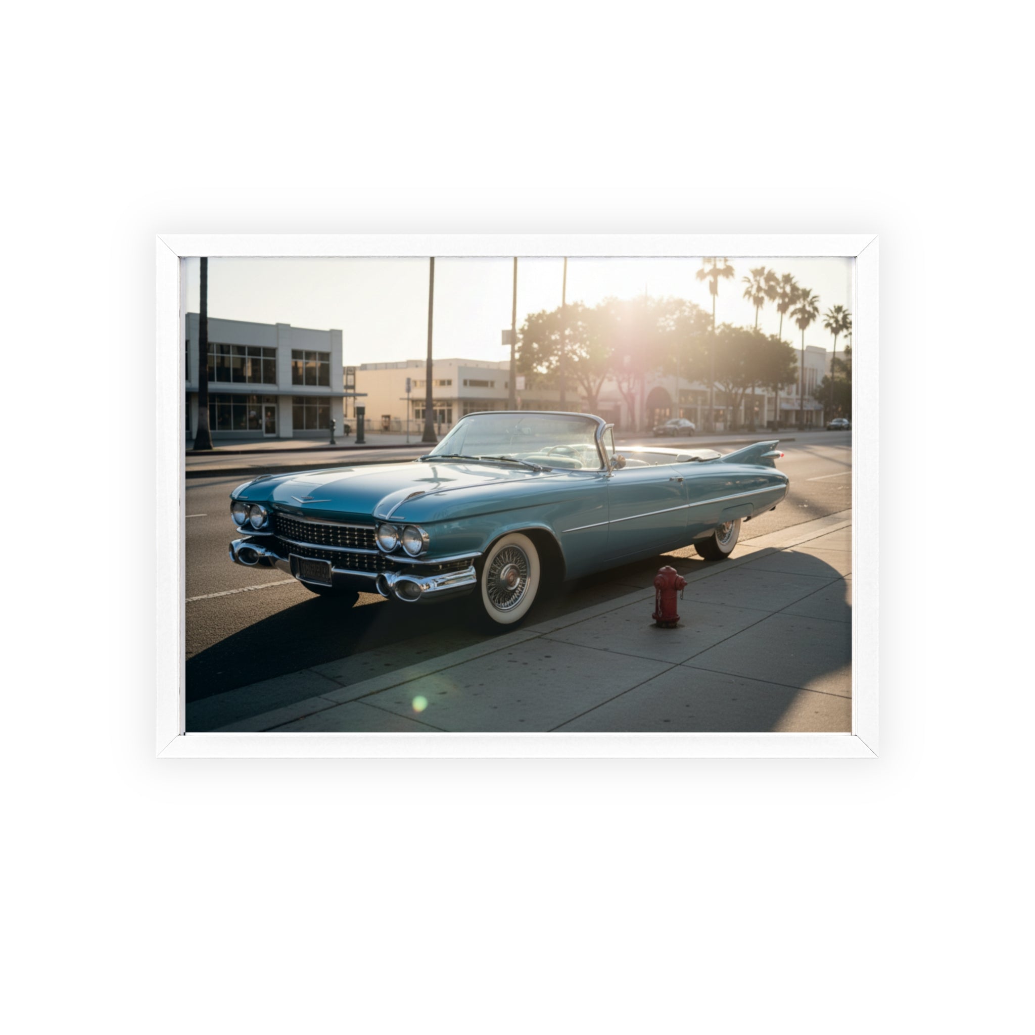 Vintage Blue Cadillac Poster with Wooden Frame – Retro Car Wall Art