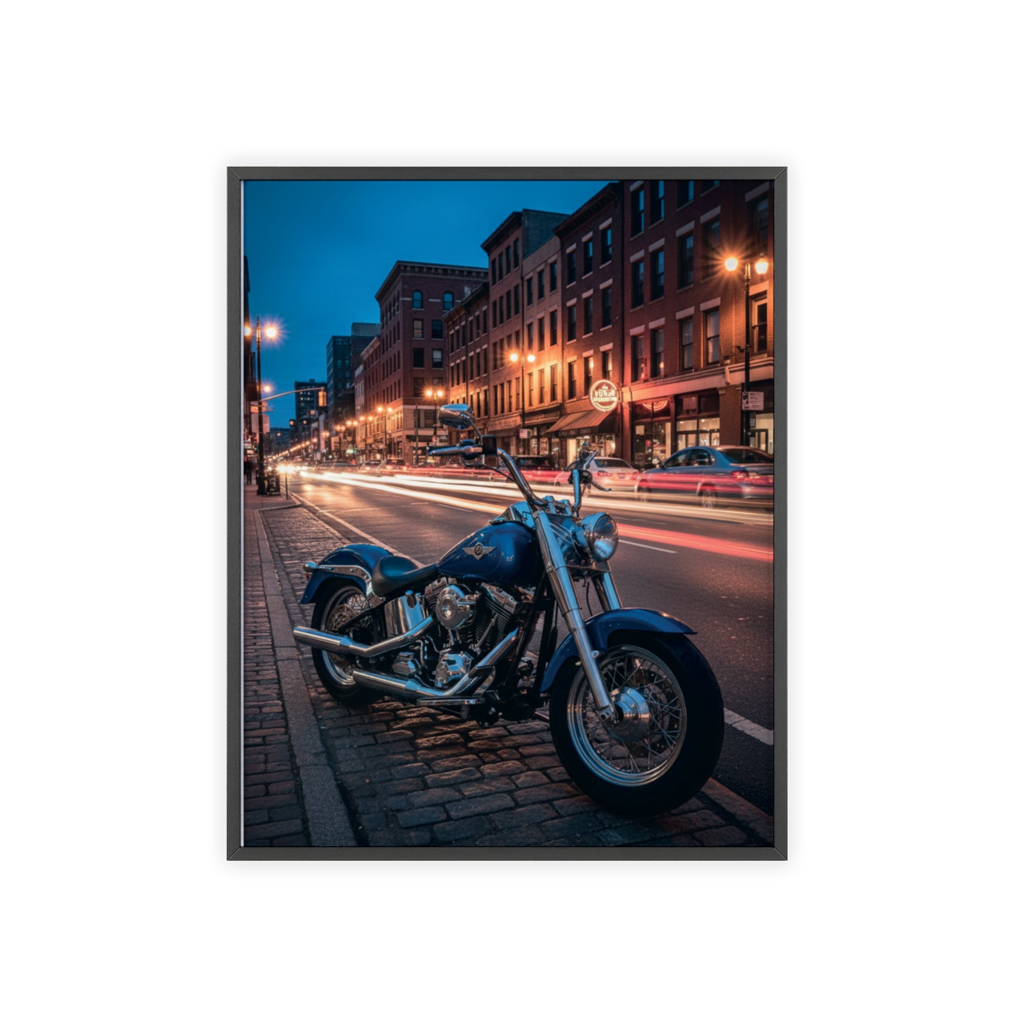 Framed Motorcycle Poster — Night City Street Bike Wall Art