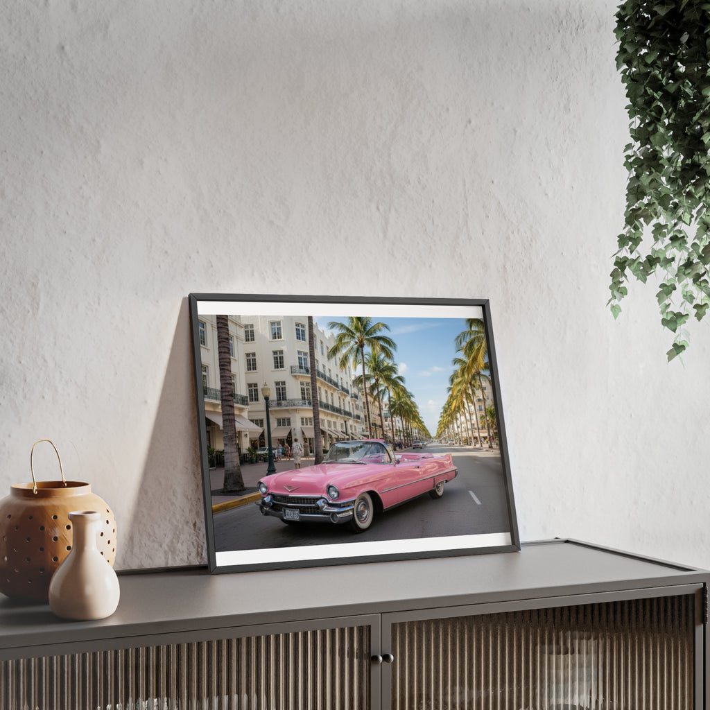 Vintage Pink Cadillac Wall Poster with Wooden Frame — Retro Miami Palm Street Photography
