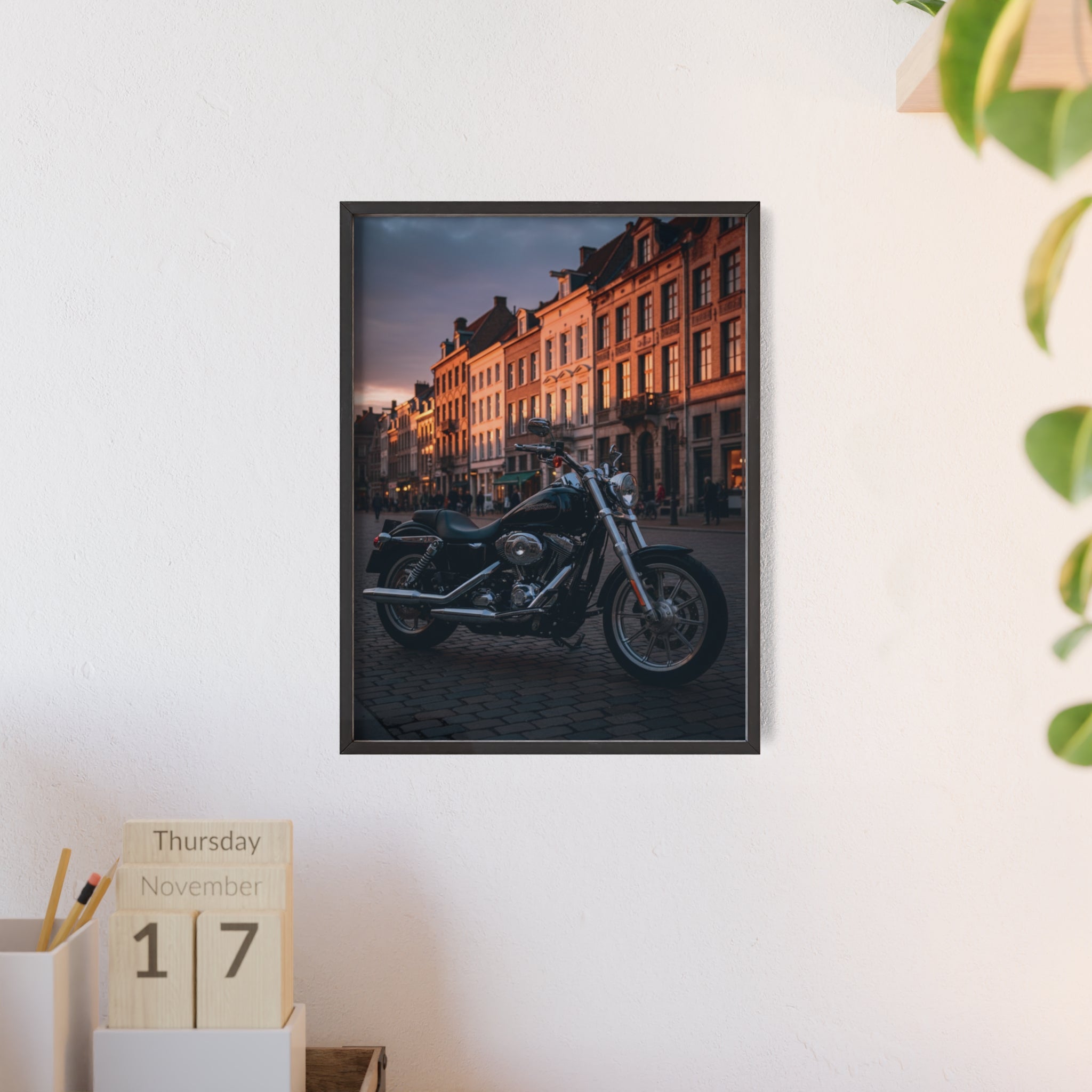 Vintage Motorcycle Poster with Wooden Frame — Urban Sunset Bike Wall Art