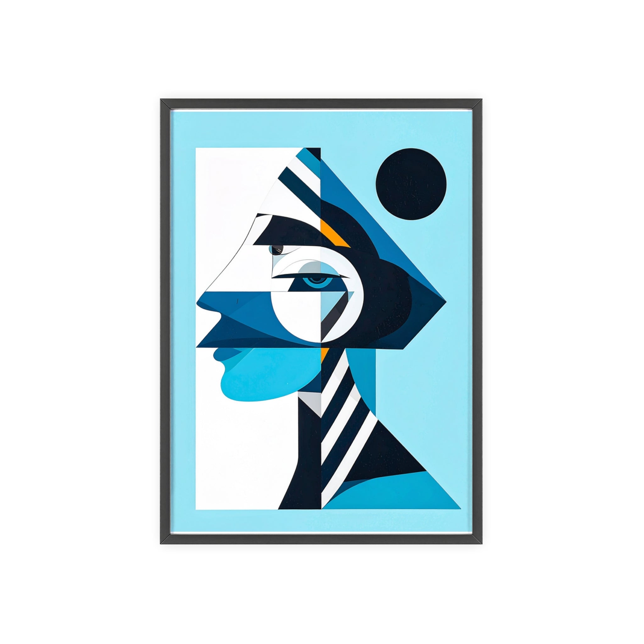 Abstract Geometric Portrait Poster with Wooden Frame — Blue Modern Wall Art