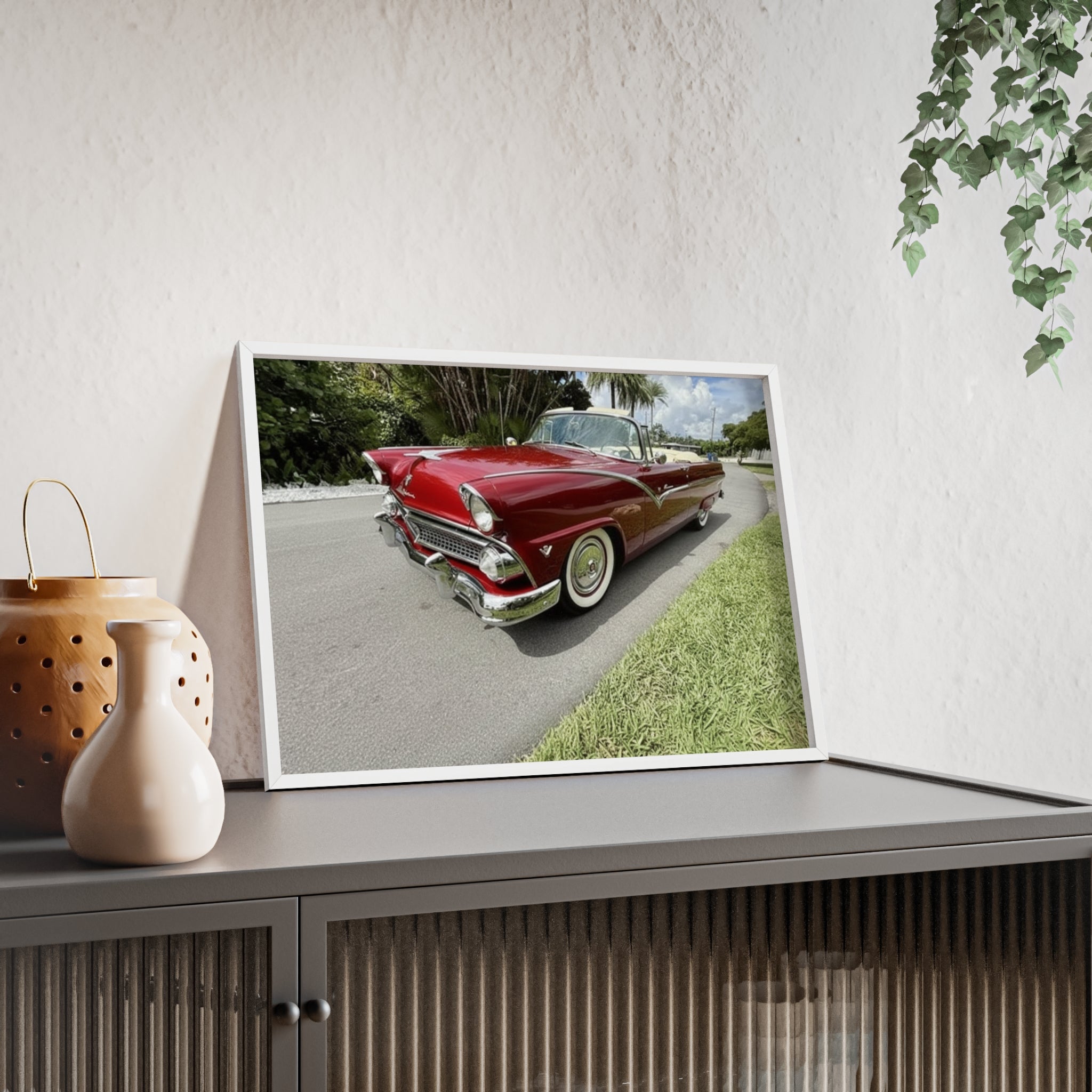Vintage Red Convertible Poster with Wooden Frame — Classic Car Wall Art