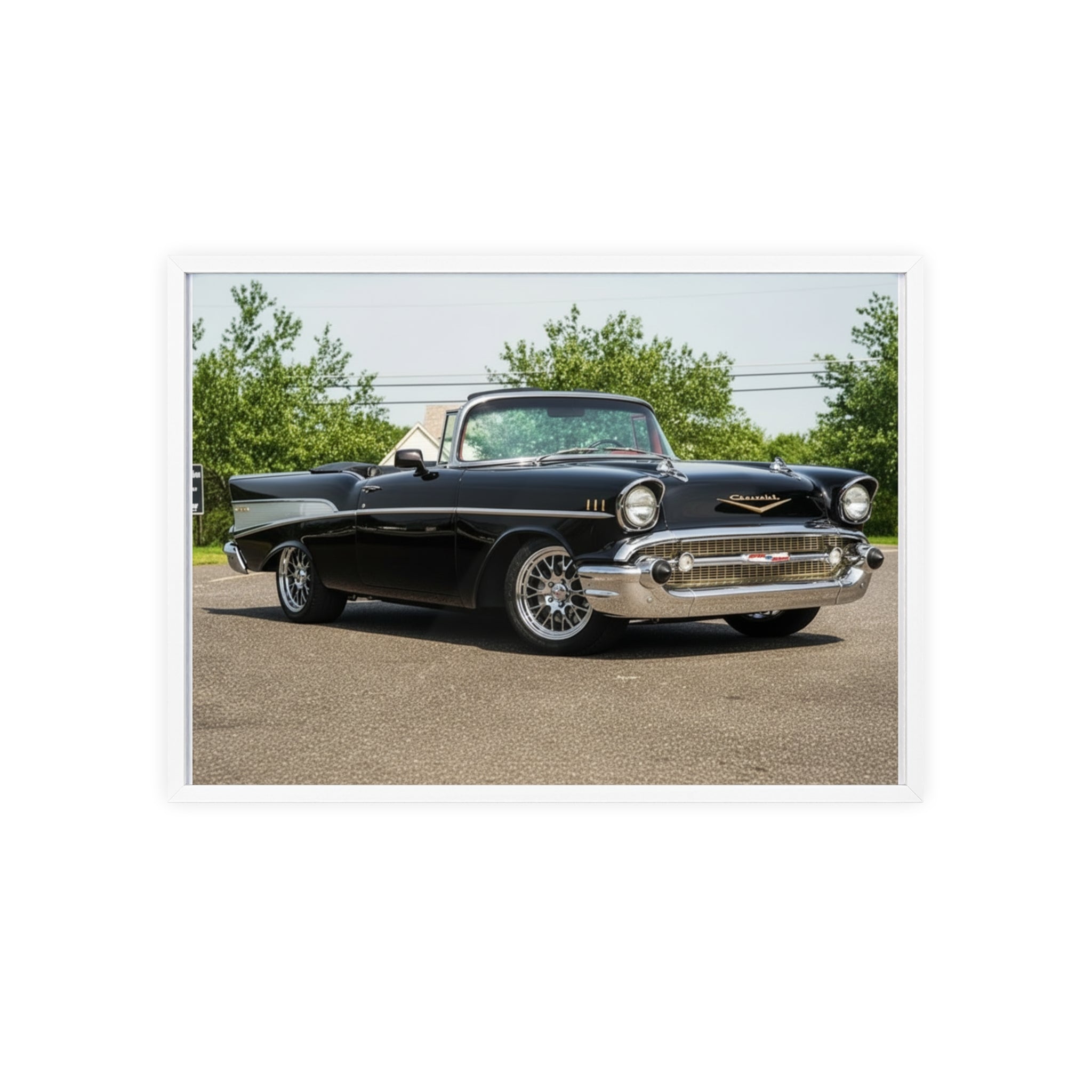 Classic Black 1957 Chevy Poster with Wooden Frame — Vintage Car Wall Art