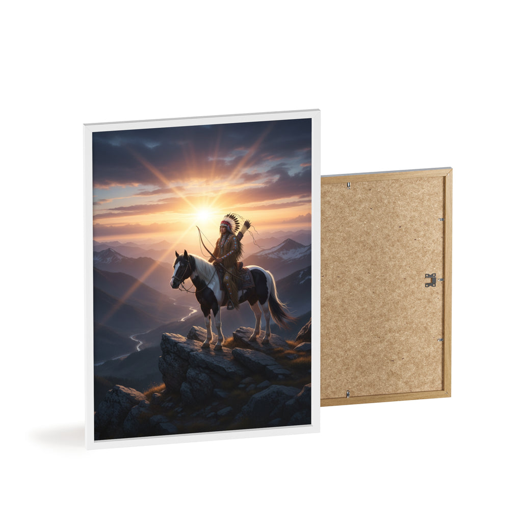 Native American Warrior on Horse Framed Poster — Scenic Sunrise Wall Art