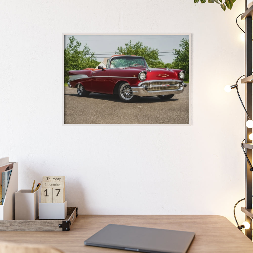 Vintage Red Classic Car Poster with Wooden Frame — Retro Automotive Wall Art