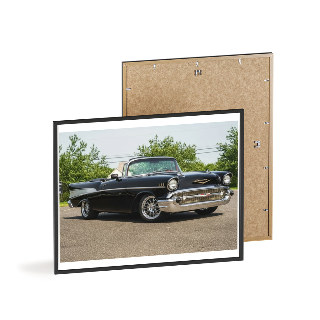 Classic Black 1957 Chevy Poster with Wooden Frame — Vintage Car Wall Art
