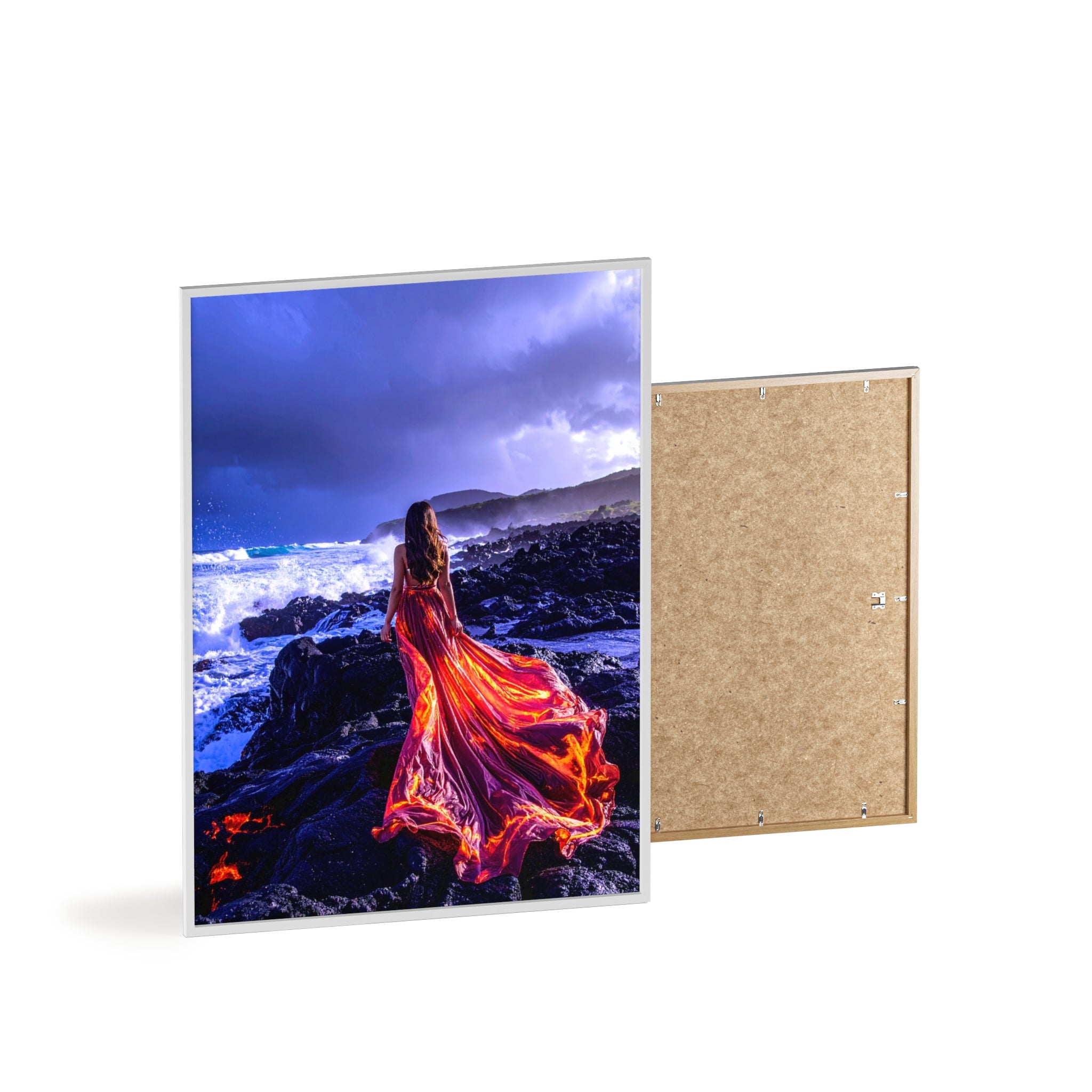 Framed Art Print — Woman in Fiery Red Dress on Rocky Shore (Wooden Frame Poster)