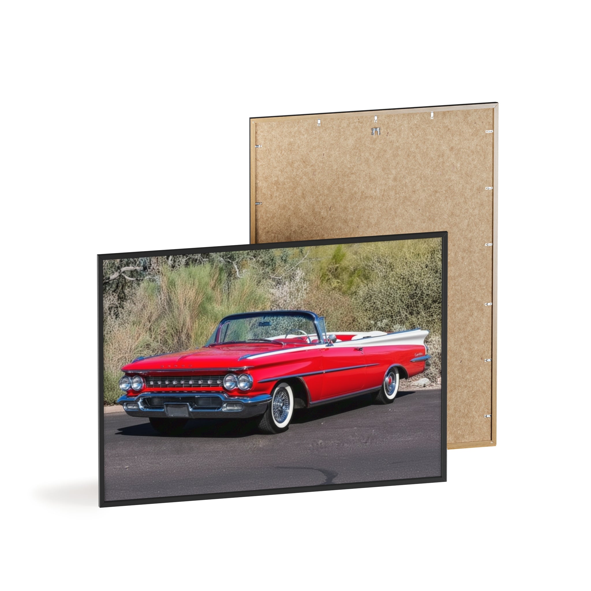 Vintage Red Convertible Car Poster with Wooden Frame — Classic Auto Wall Art