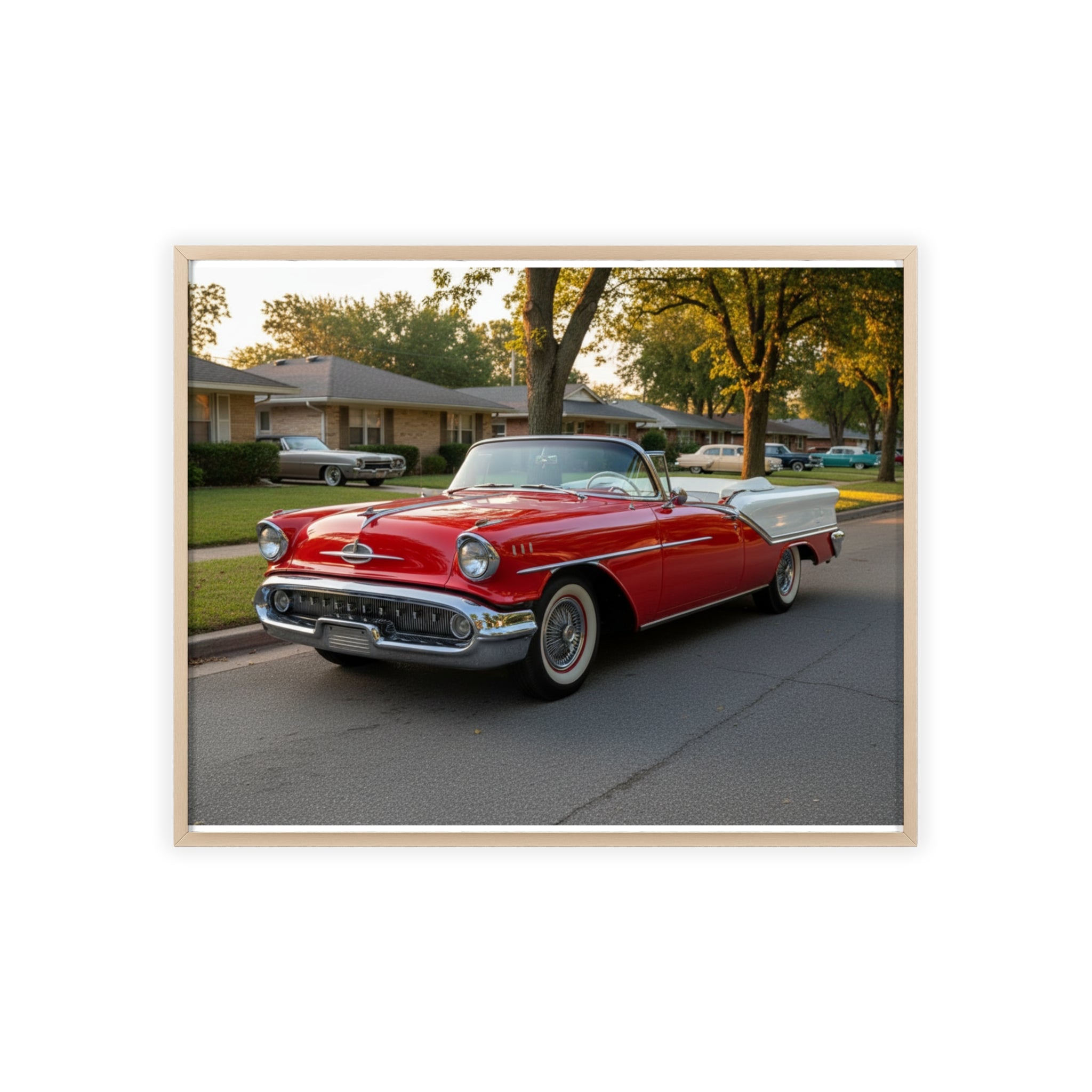 Vintage Red Convertible Poster with Wooden Frame — Classic Car Wall Art