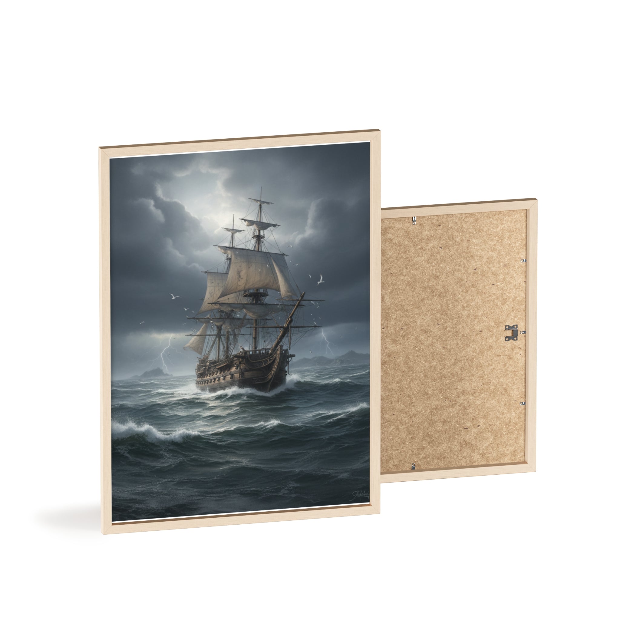 Framed Stormy Sea Ship Poster — Nautical Wall Art with Wooden Frame