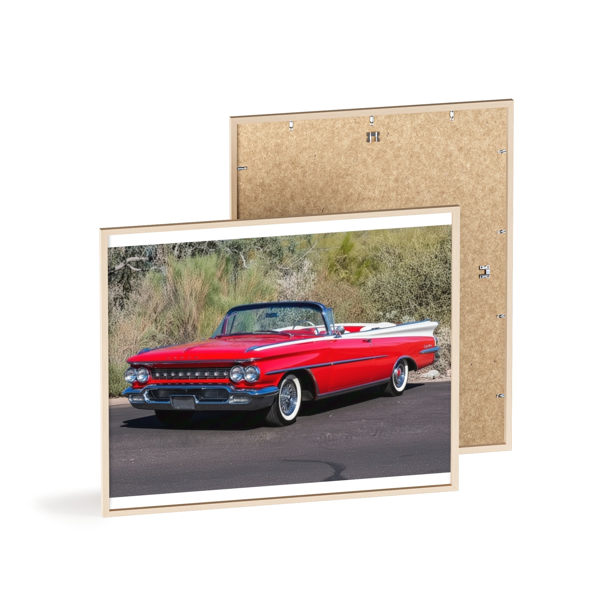Vintage Red Convertible Car Poster with Wooden Frame — Classic Auto Wall Art