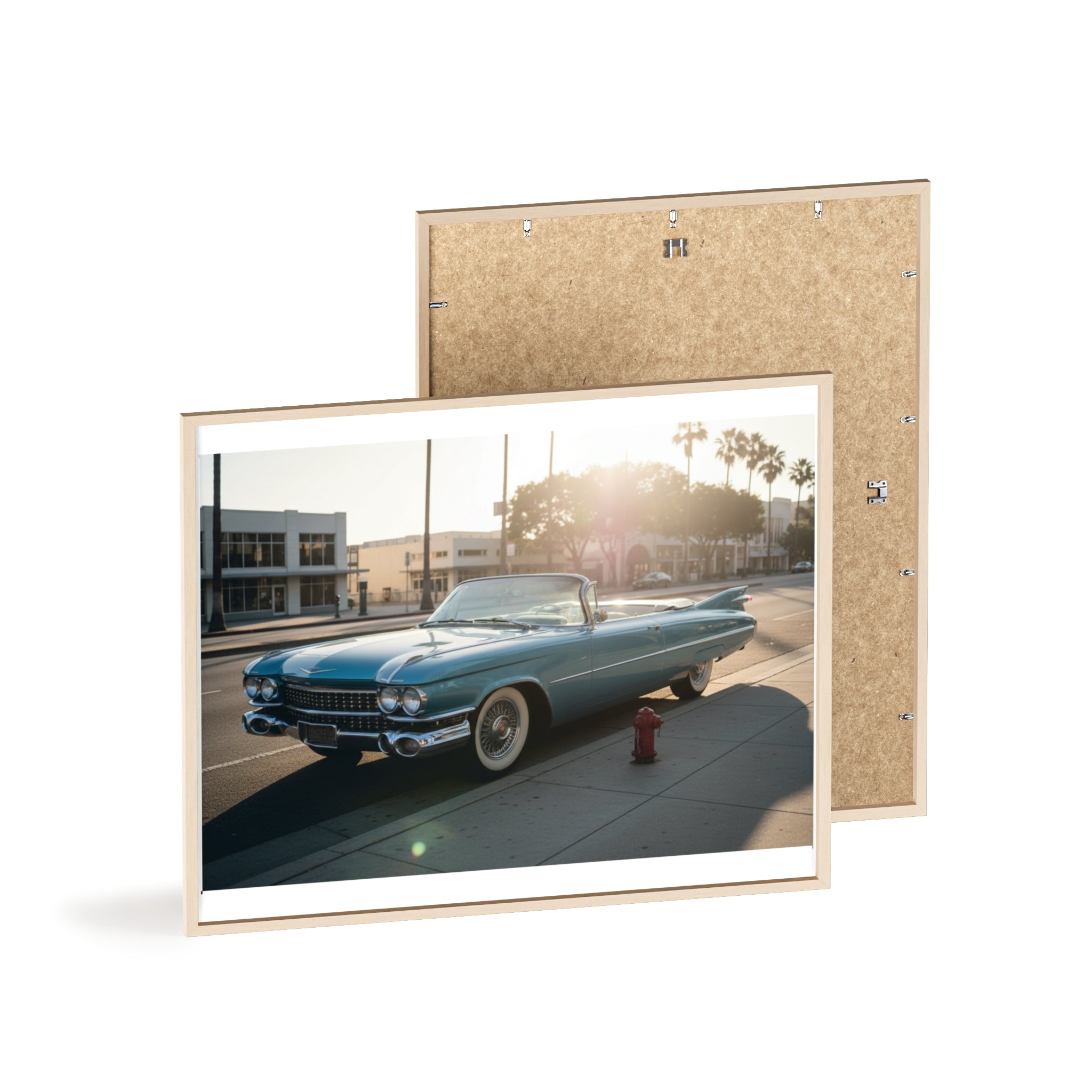 Vintage Blue Cadillac Poster with Wooden Frame – Retro Car Wall Art