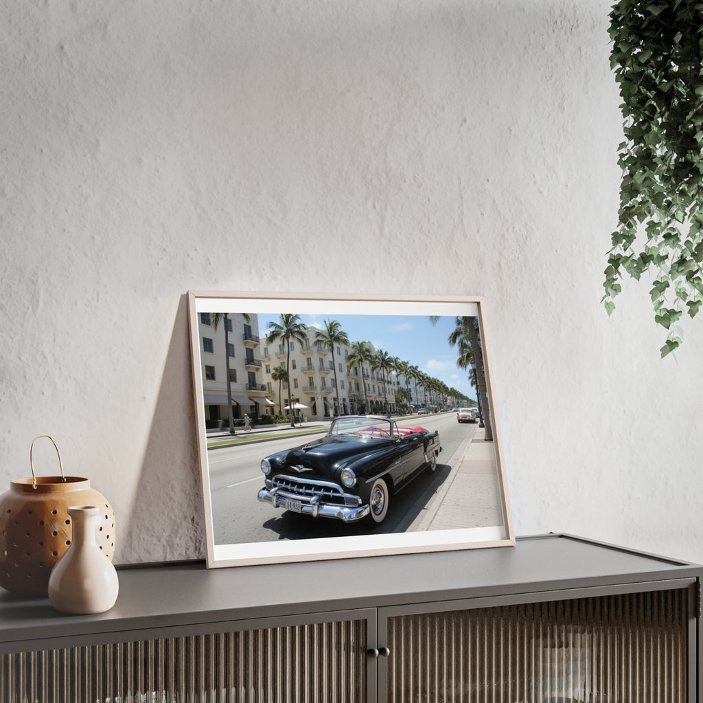 Vintage Convertible on Ocean Drive Framed Poster – Retro Classic Car Wall Art