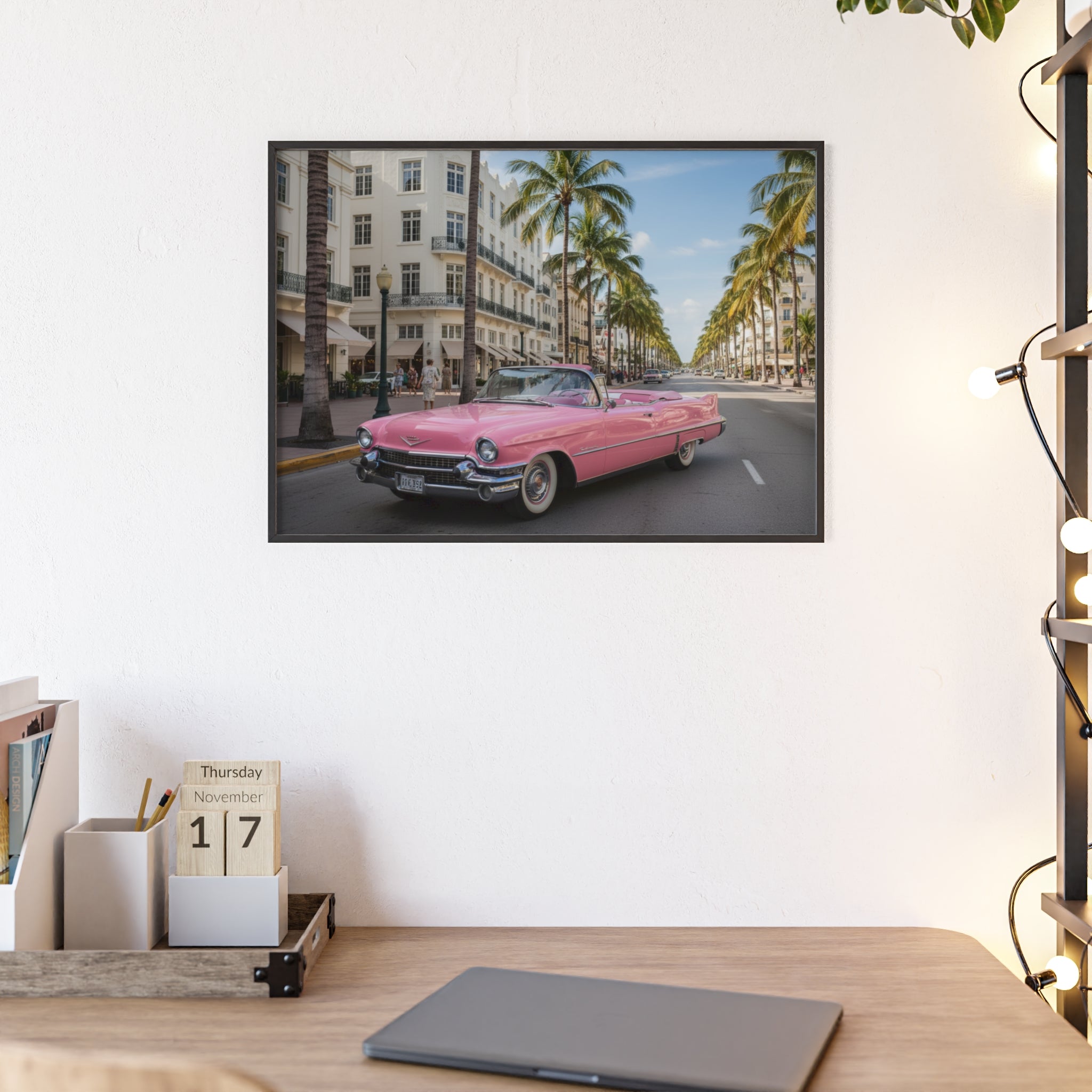 Vintage Pink Cadillac Wall Poster with Wooden Frame — Retro Miami Palm Street Photography