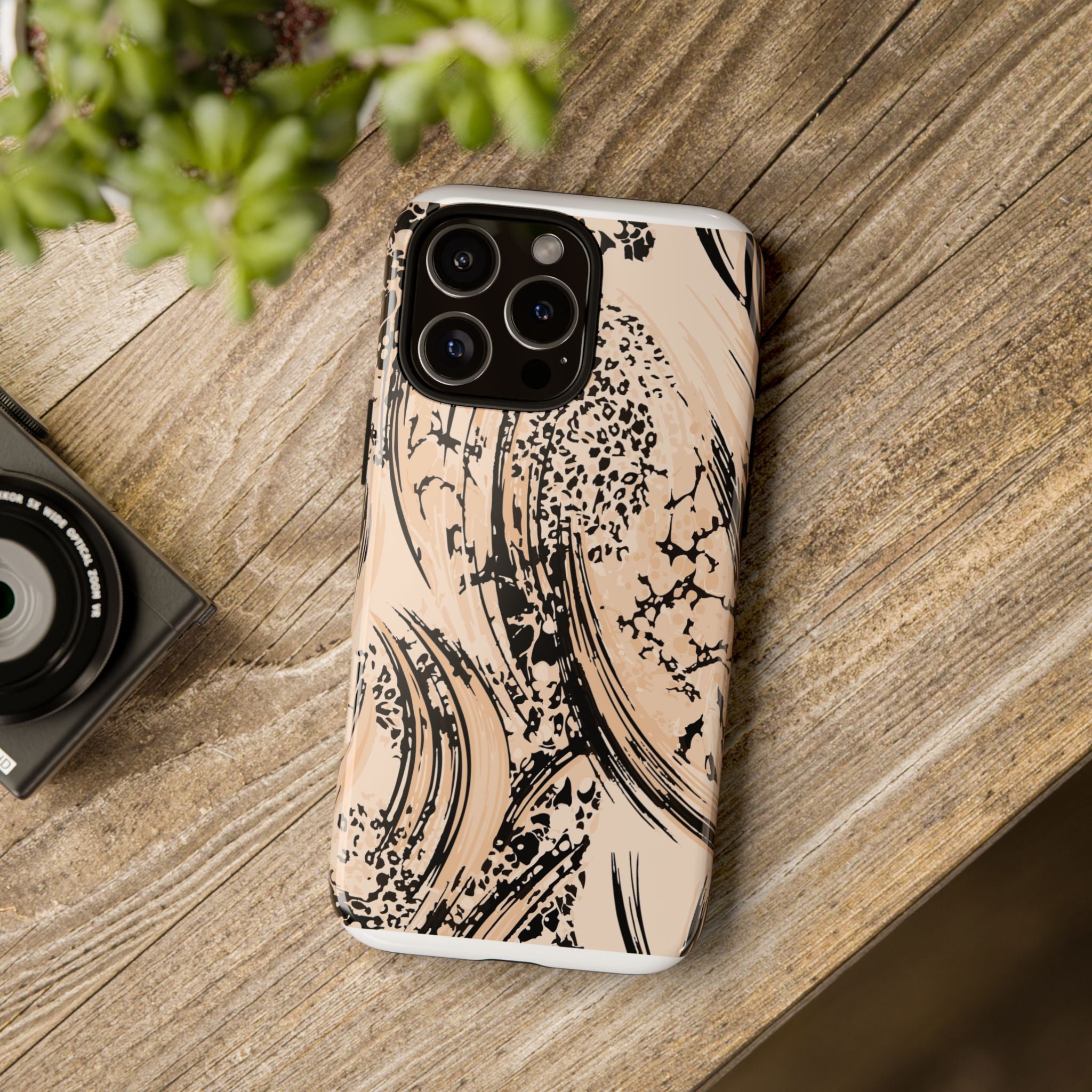 Abstract Brushstroke Phone Case — Neutral Beige & Black Artistic Protective Cover