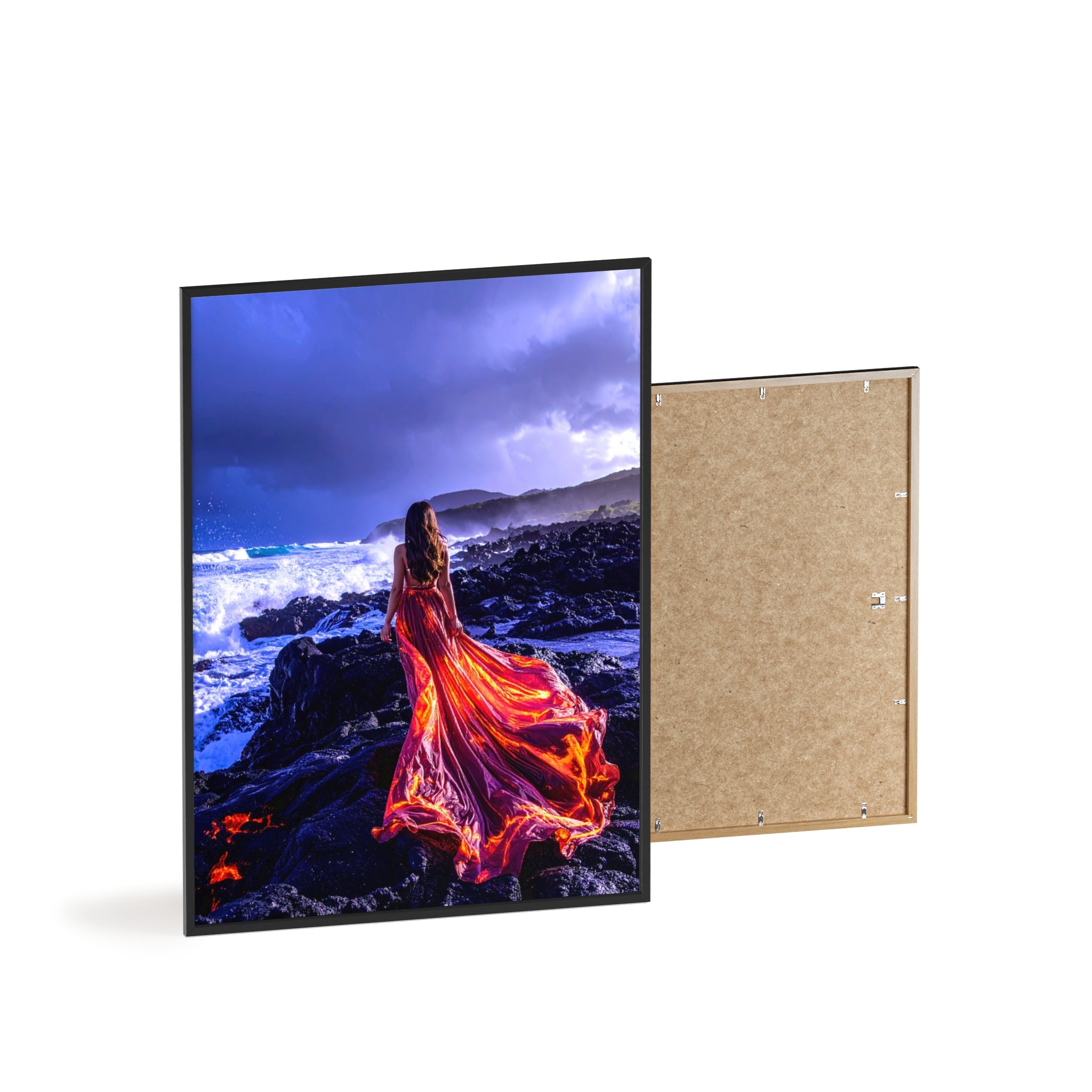 Framed Art Print — Woman in Fiery Red Dress on Rocky Shore (Wooden Frame Poster)