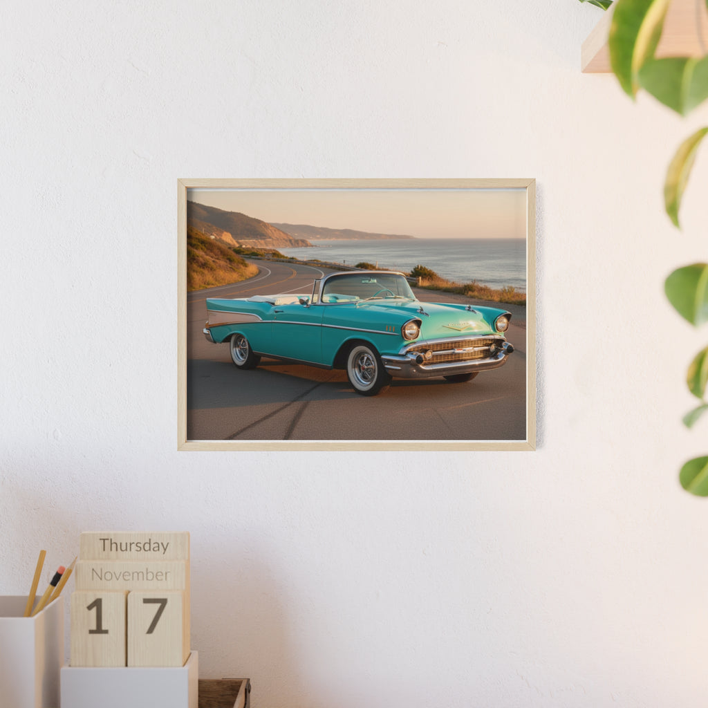 Vintage Teal Classic Car Poster with Wooden Frame — Coastal Road Print