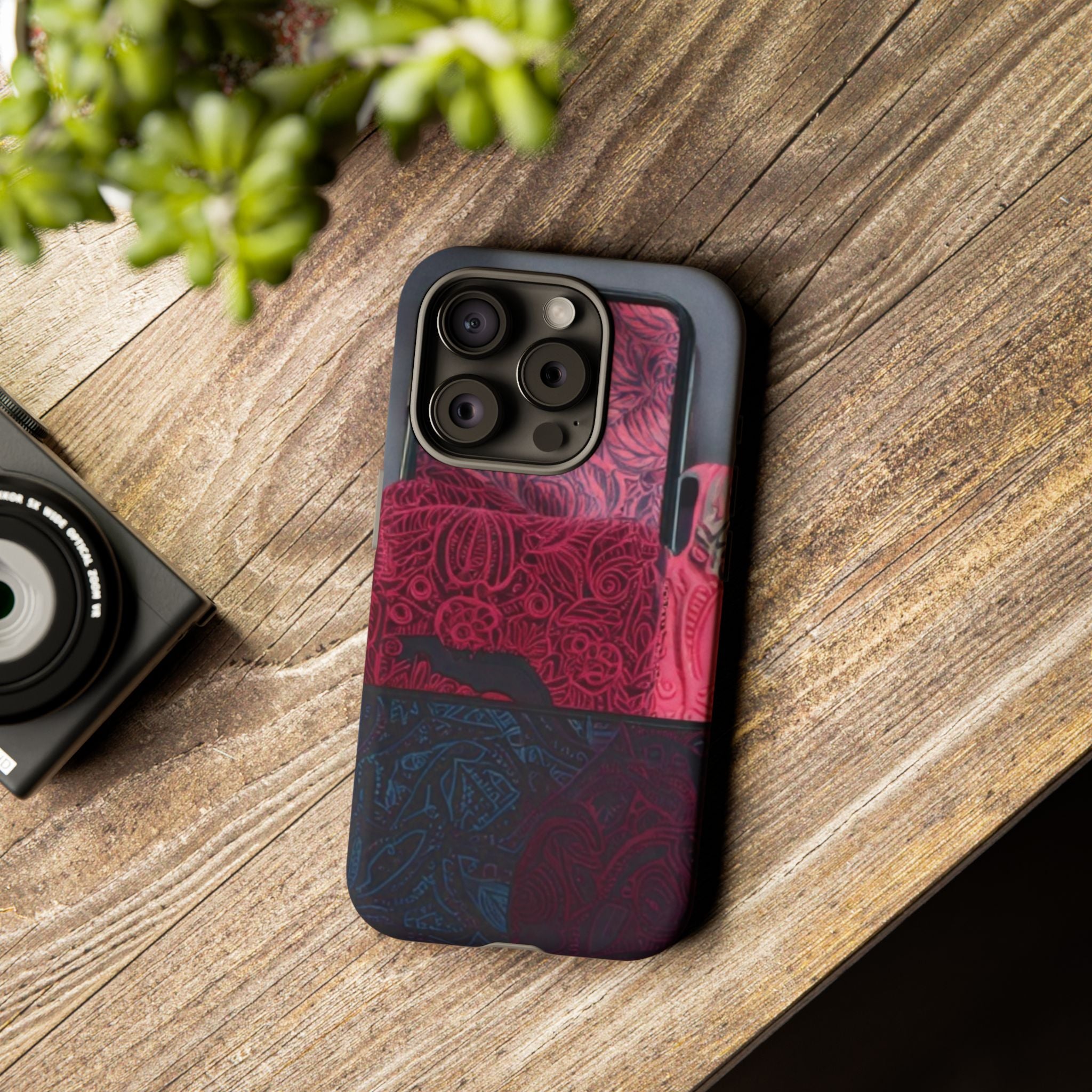 Floral Patchwork Tough Phone Case — Pink & Navy Doodle Design
