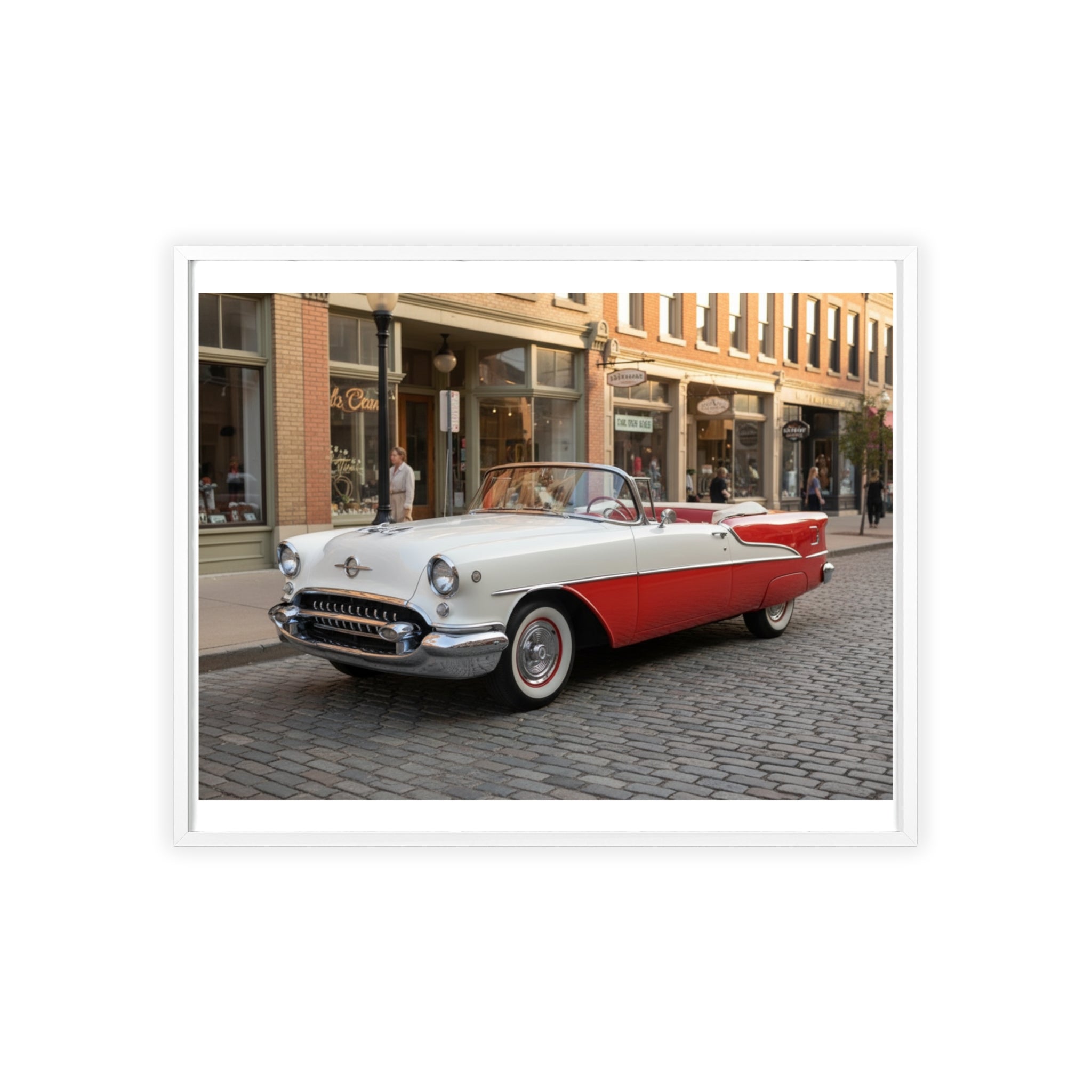 Vintage Red & White Convertible Poster with Wooden Frame — Retro Car Wall Art