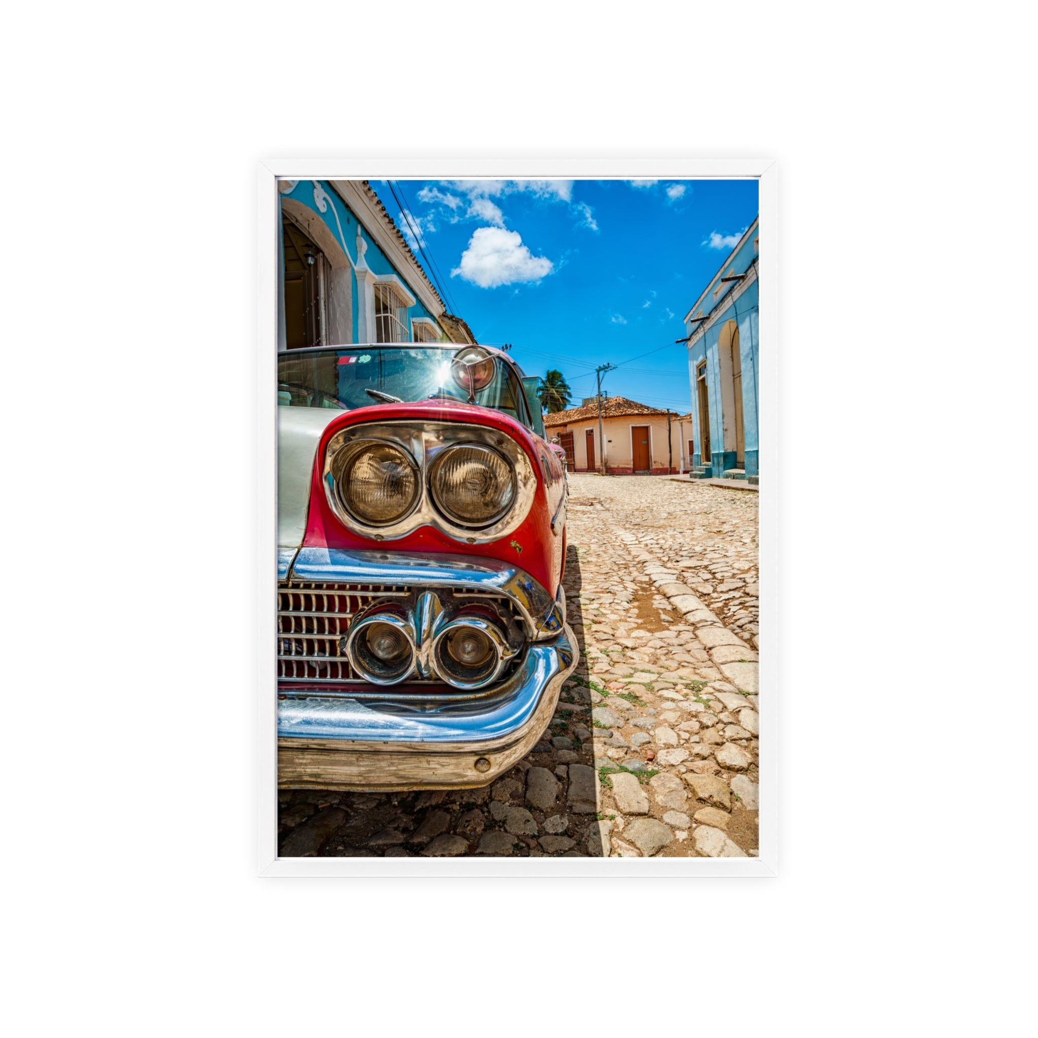 Vintage Classic Car Poster with Wooden Frame — Retro Cuba Street Photography Wall Art