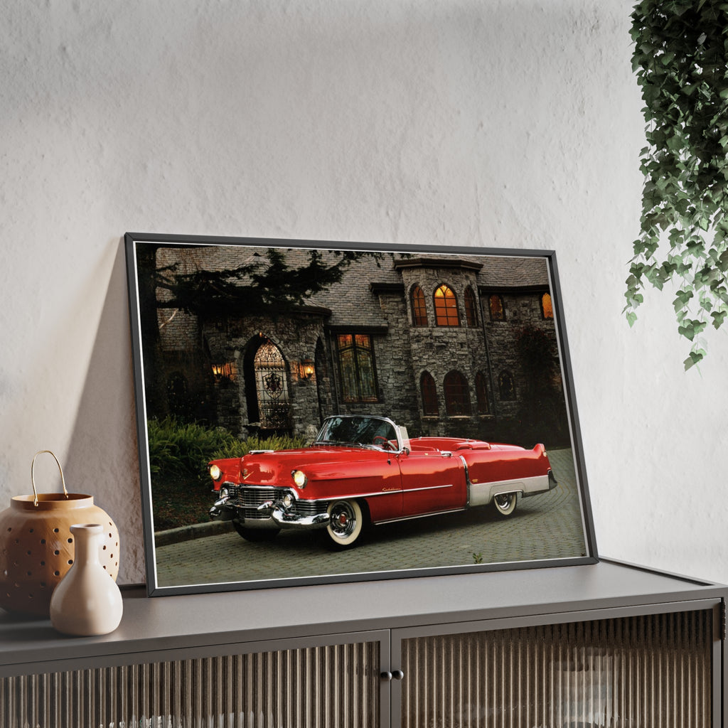 Vintage Red Convertible Poster with Wooden Frame — Classic Car Wall Art