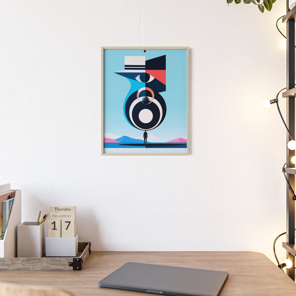 Abstract Geometric Bird Poster with Wooden Frame — Modern Minimalist Wall Art