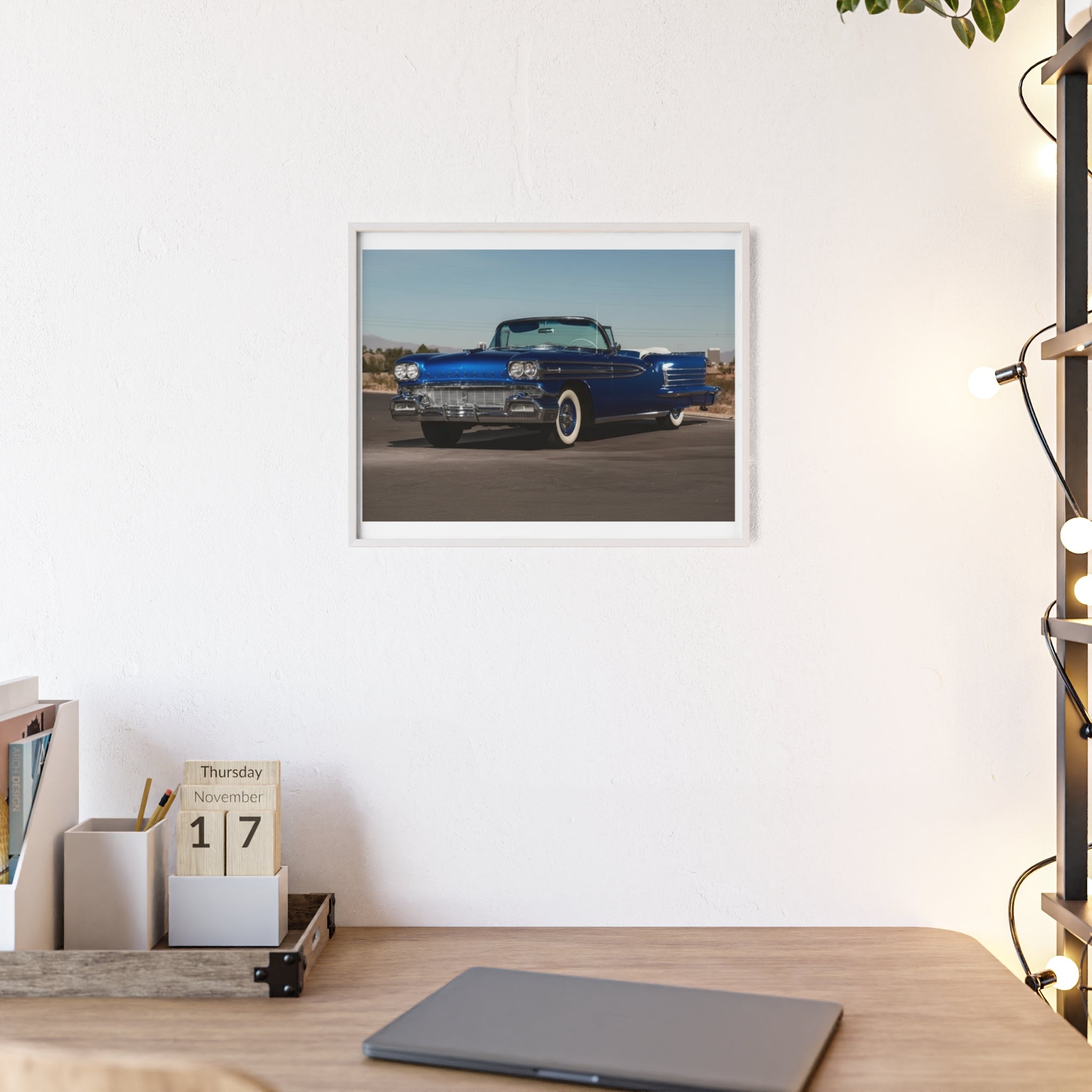 Framed Vintage Blue Classic Car Poster — Retro Automobile Wall Art