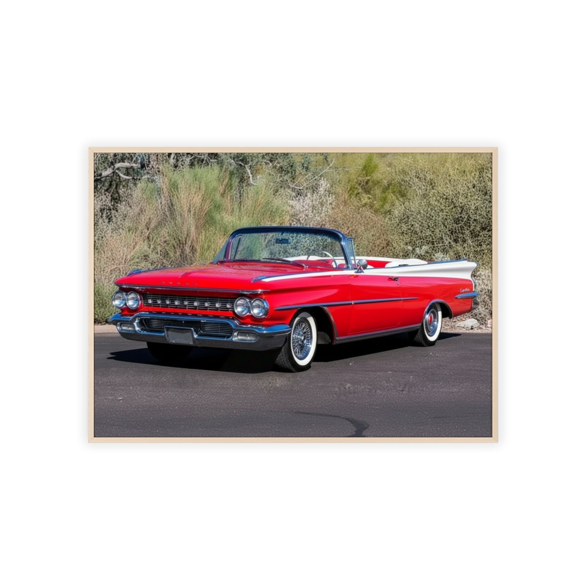 Vintage Red Convertible Car Poster with Wooden Frame — Classic Auto Wall Art