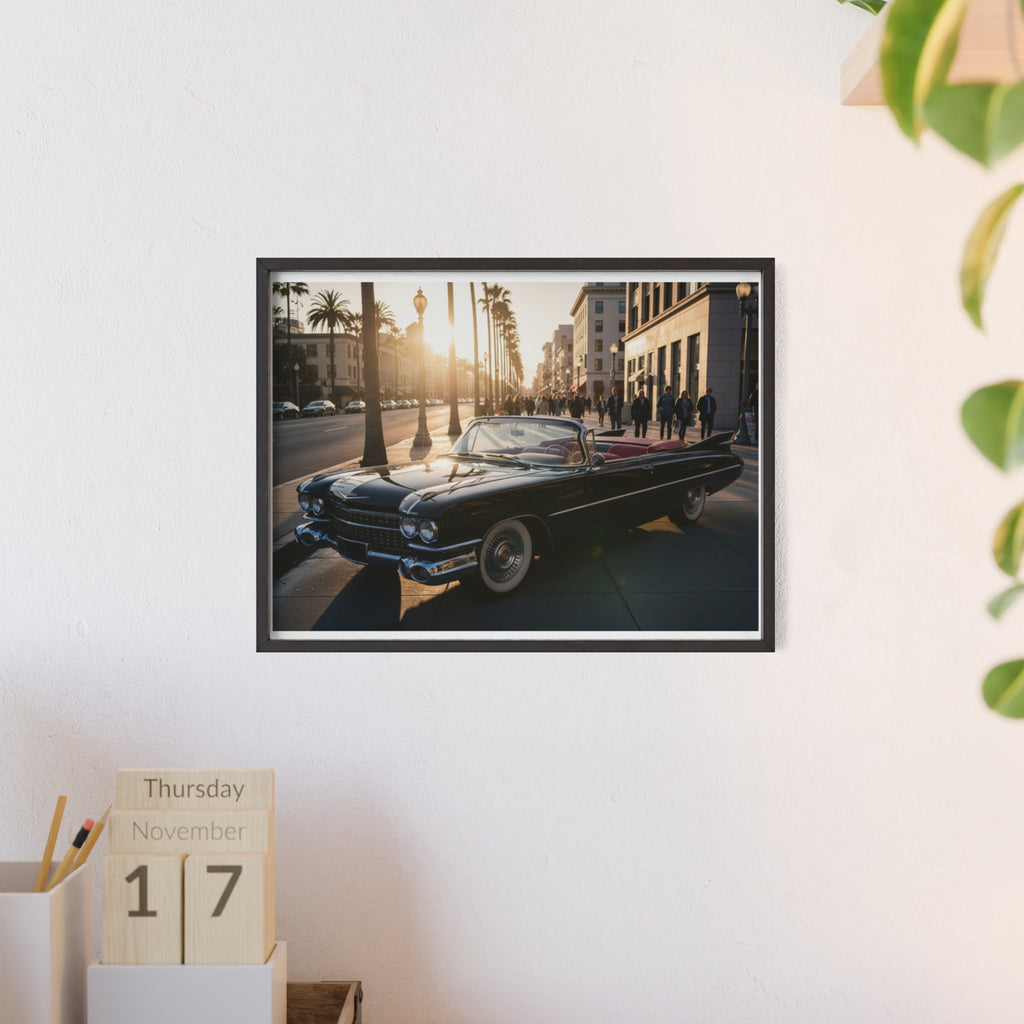 Vintage Convertible Sunset Poster with Wooden Frame