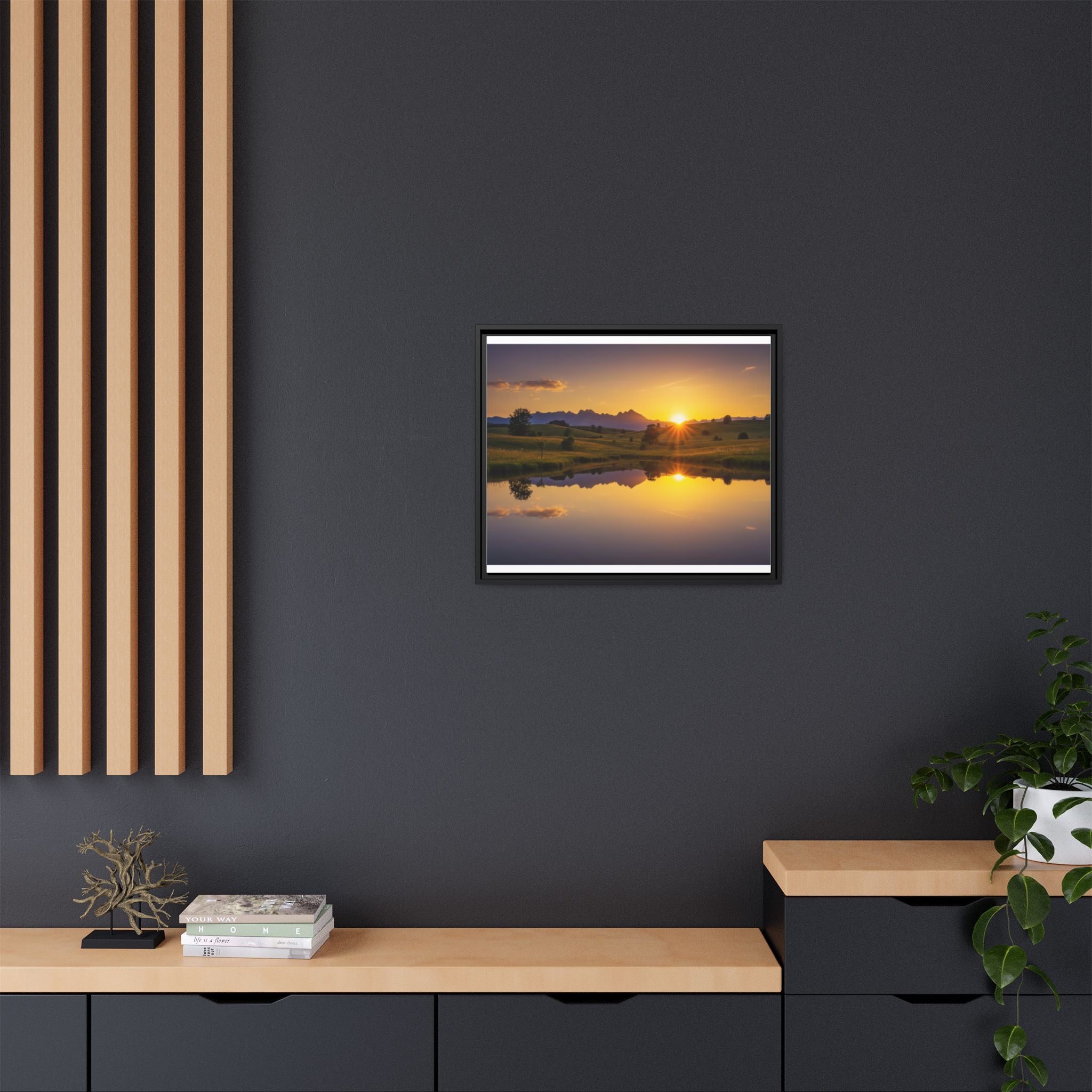 Framed Matte Canvas Sunset Landscape — Serene Lake Reflection Wall Art