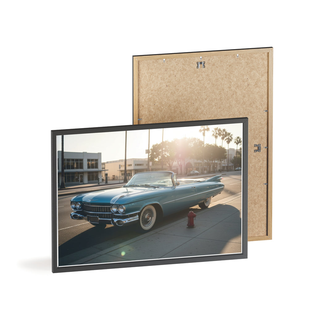 Vintage Blue Cadillac Poster with Wooden Frame – Retro Car Wall Art