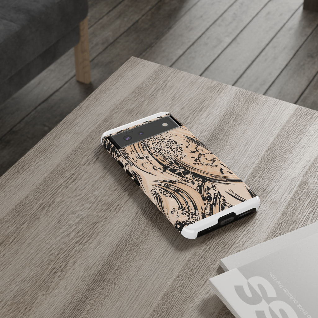 Abstract Brushstroke Phone Case — Neutral Beige & Black Artistic Protective Cover