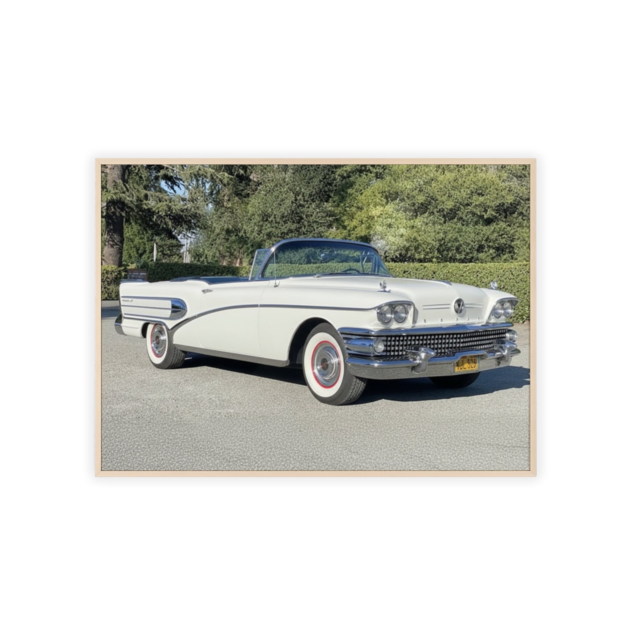Classic White Convertible Car Poster with Wooden Frame — Vintage Auto Wall Art