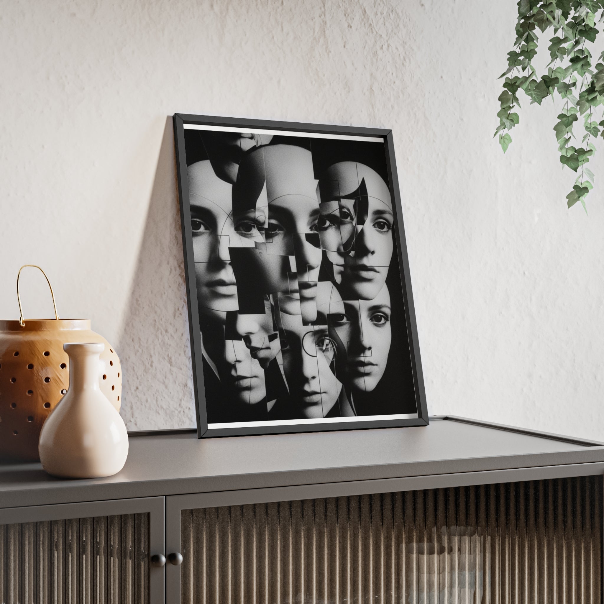 Surreal Multi-Face Black & White Poster — Framed Wooden Art Print