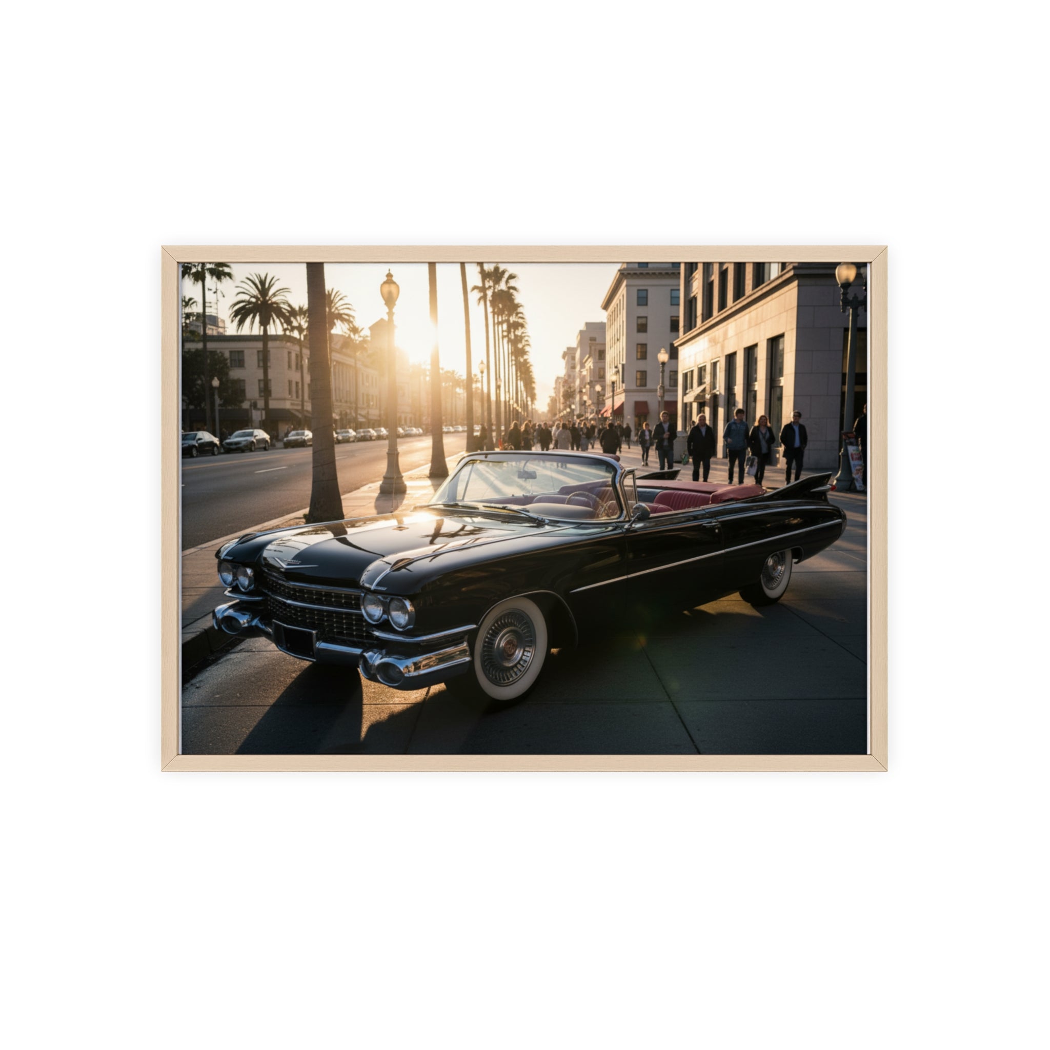 Vintage Convertible Sunset Poster with Wooden Frame