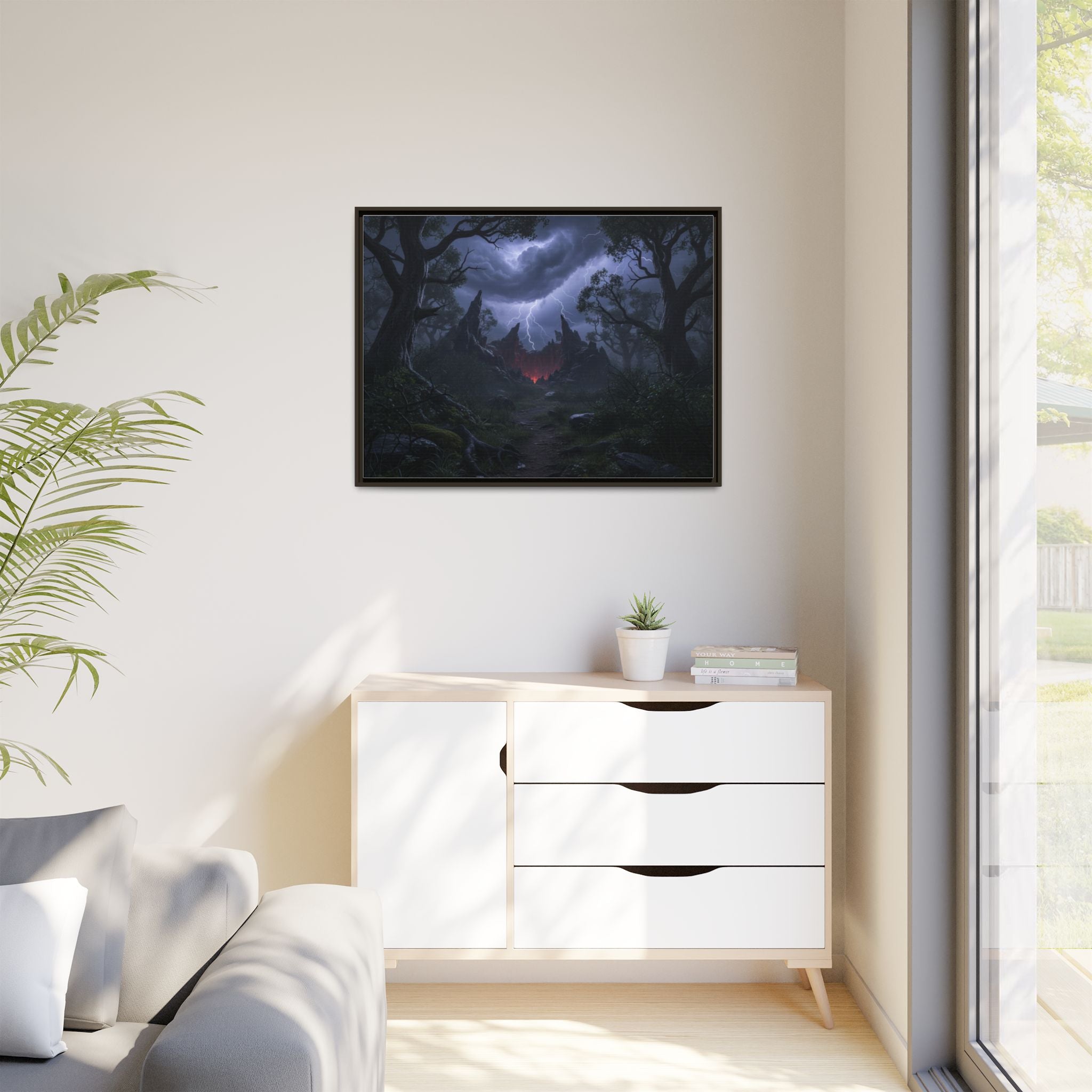 Dark Storm Forest Framed Canvas Print — Lightning, Haunted Castle Art
