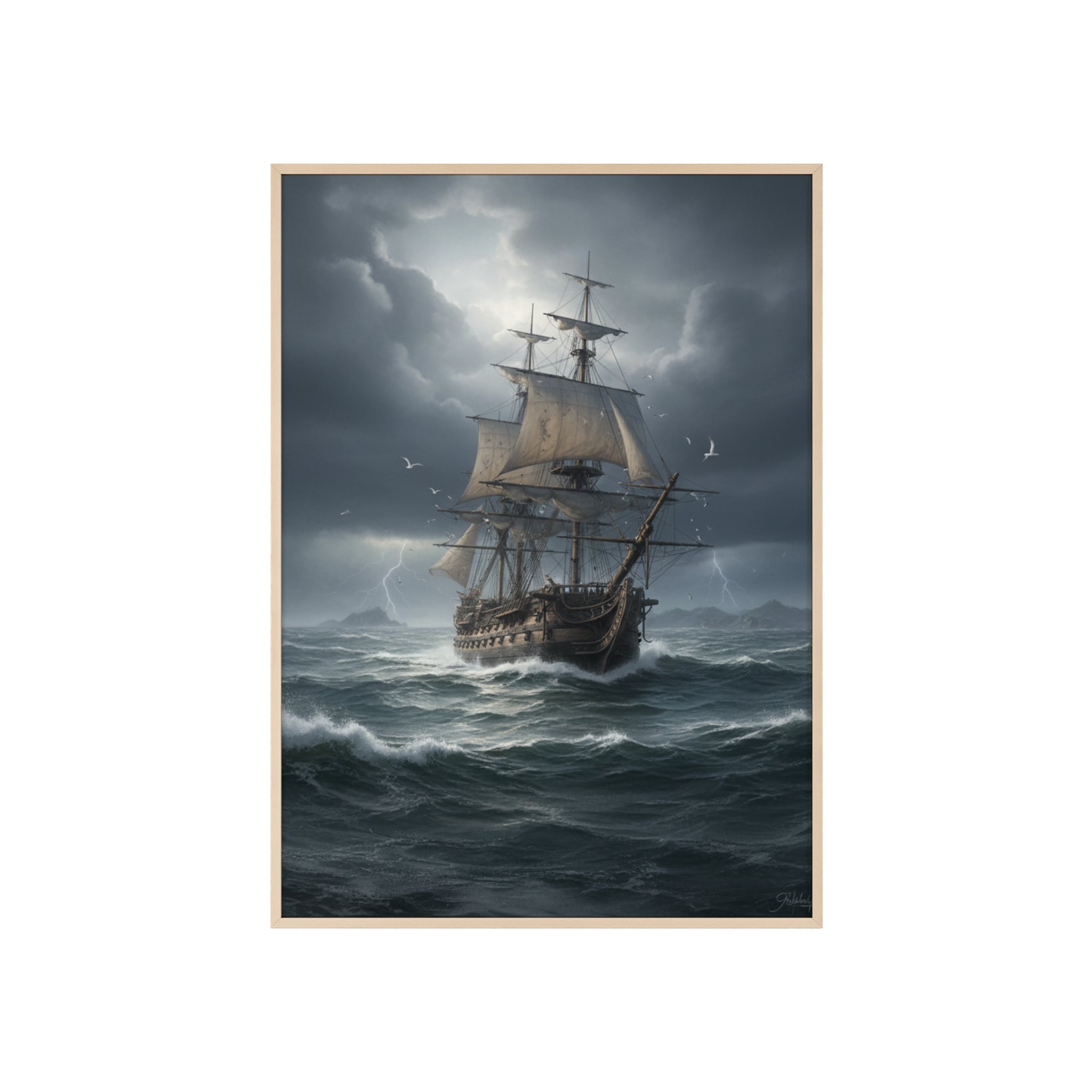 Framed Stormy Sea Ship Poster — Nautical Wall Art with Wooden Frame