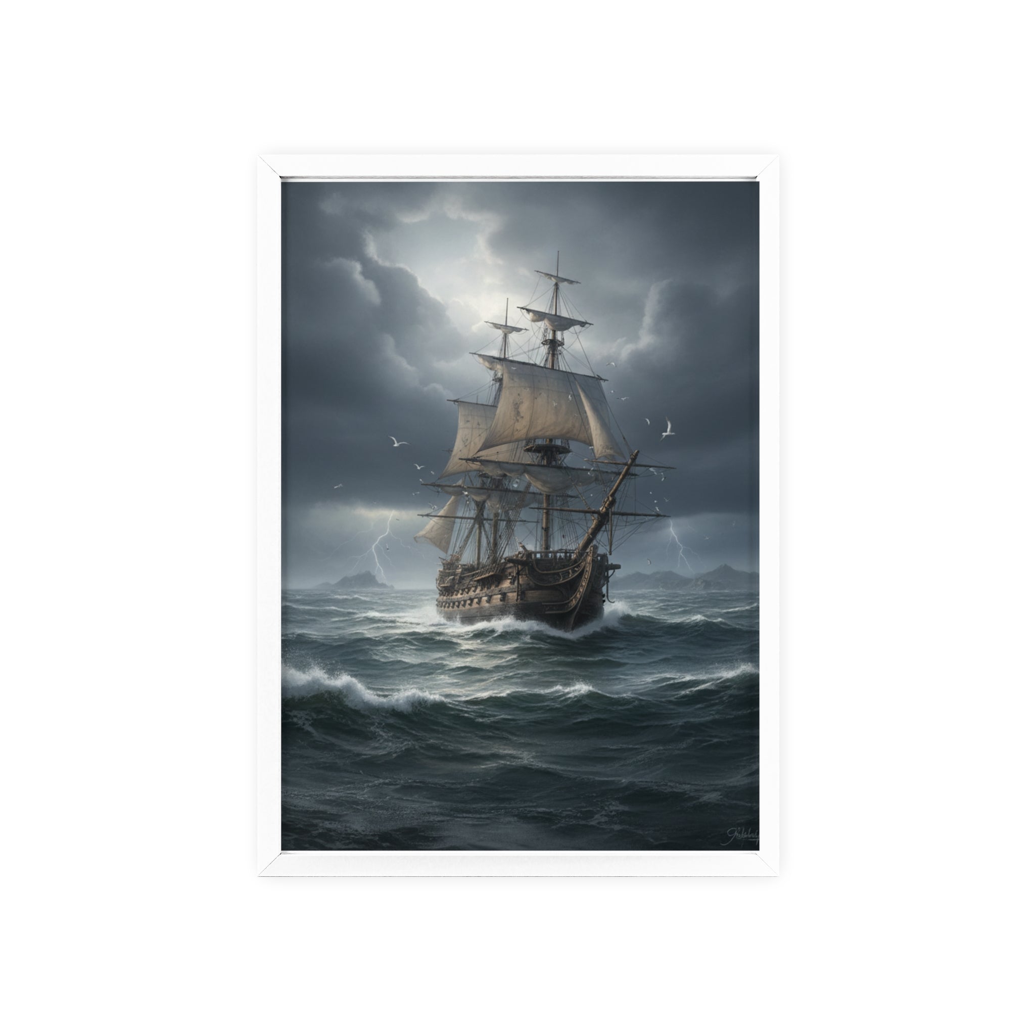 Framed Stormy Sea Ship Poster — Nautical Wall Art with Wooden Frame