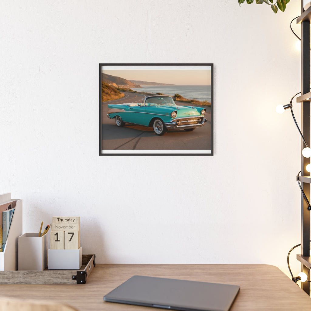 Vintage Teal Classic Car Poster with Wooden Frame — Coastal Road Print