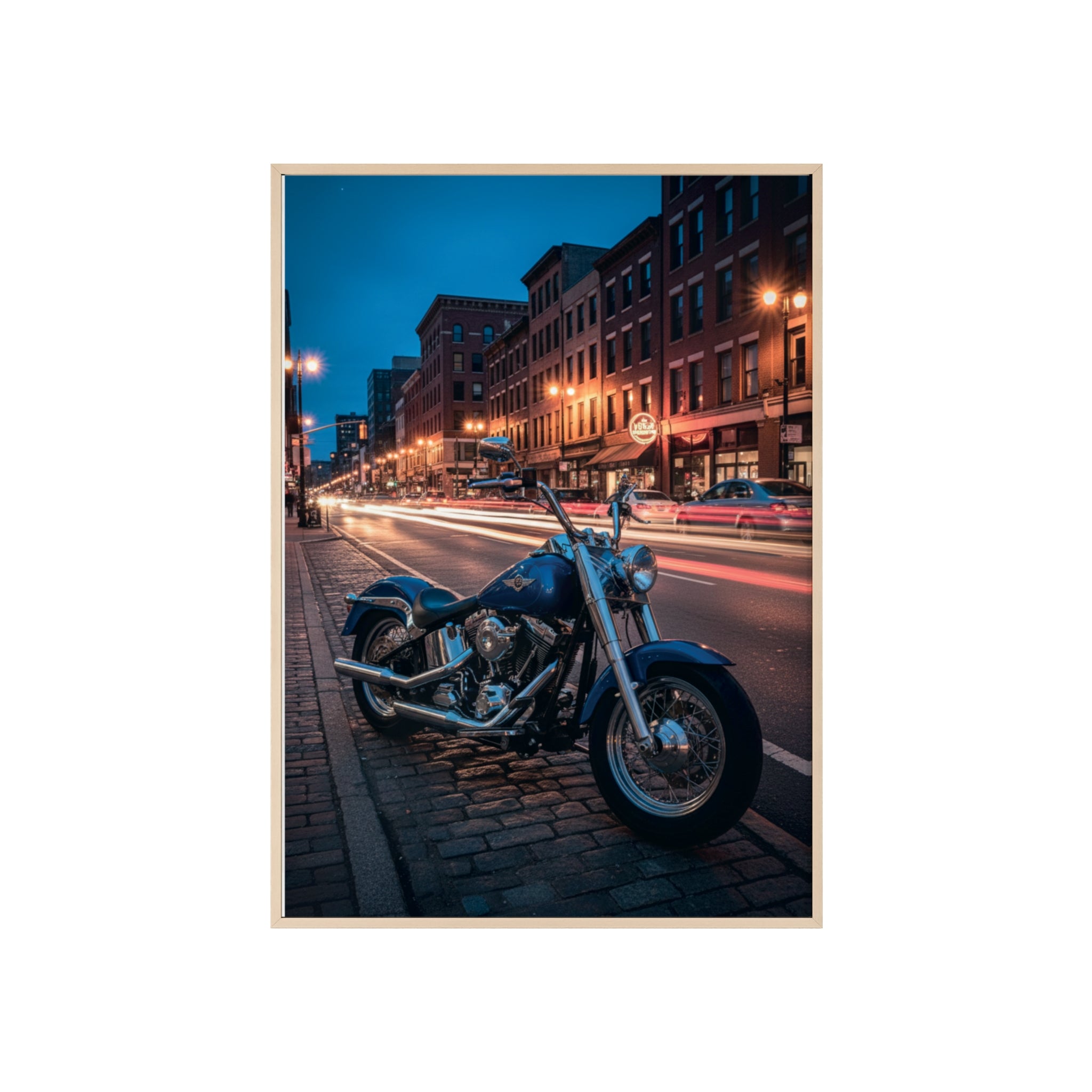 Framed Motorcycle Poster — Night City Street Bike Wall Art