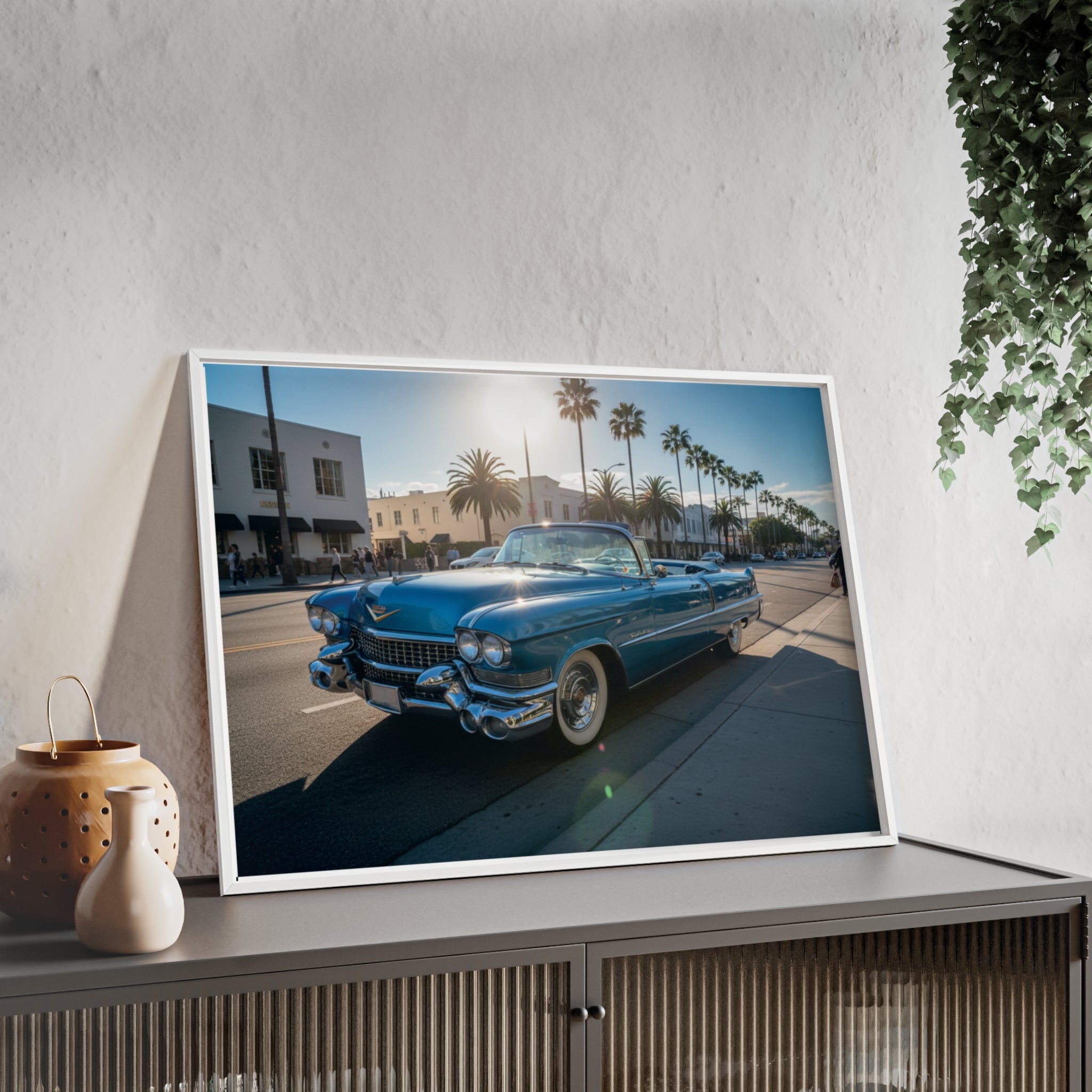 Framed Vintage Cadillac Poster – Retro Palm-Tree Coastal Car Wall Art