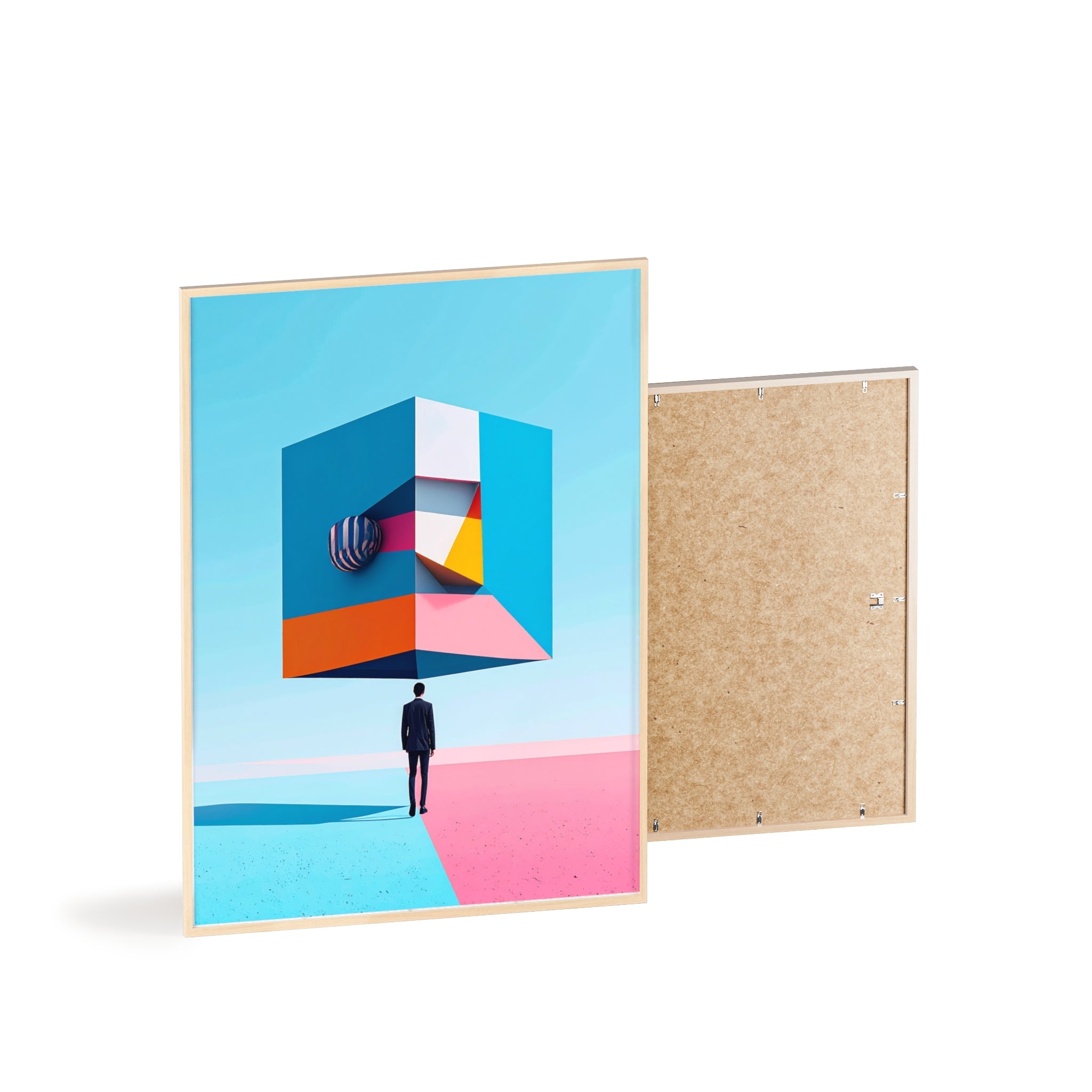 Surreal Geometric Art Poster with Wooden Frame — Modern Minimal Wall Decor