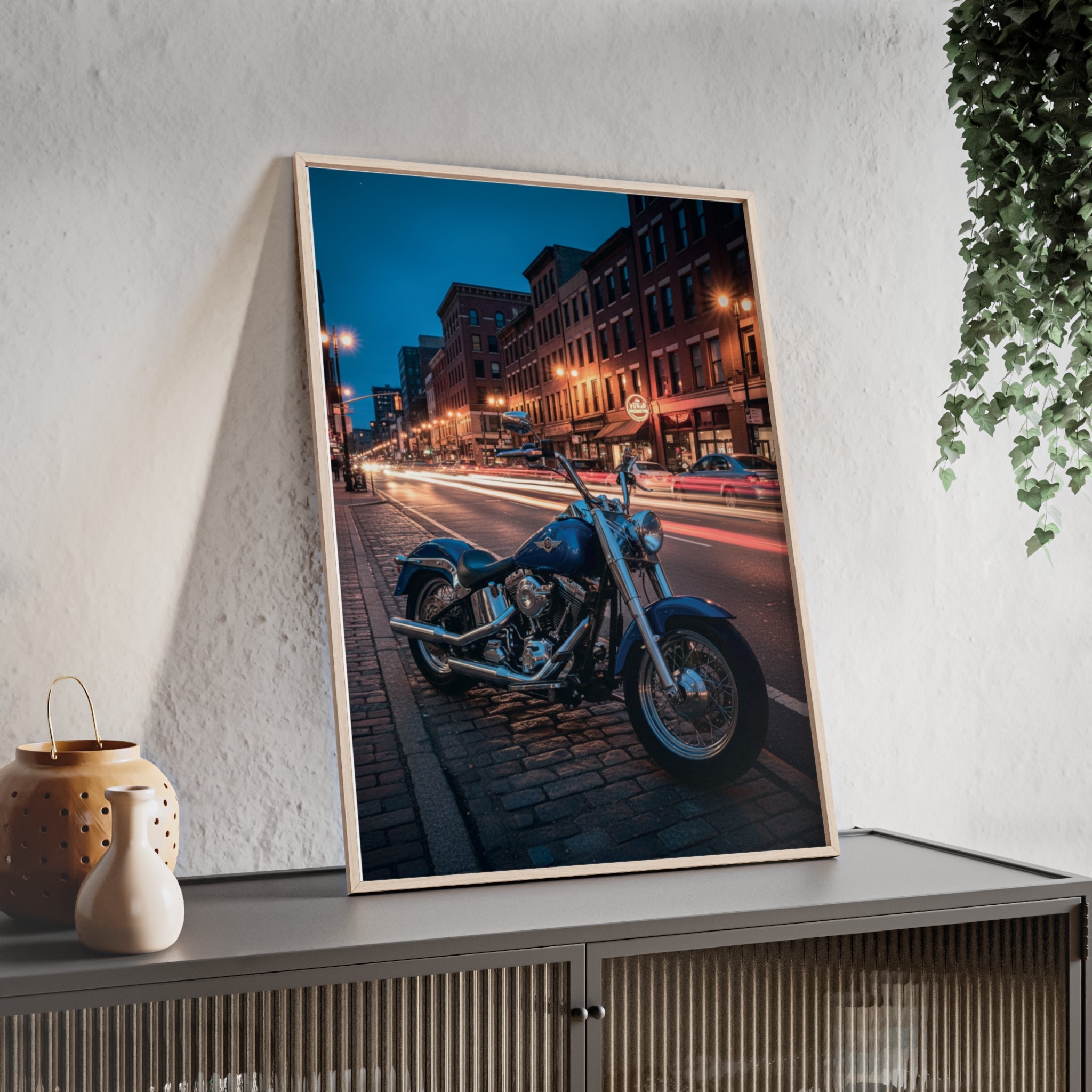 Framed Motorcycle Poster — Night City Street Bike Wall Art