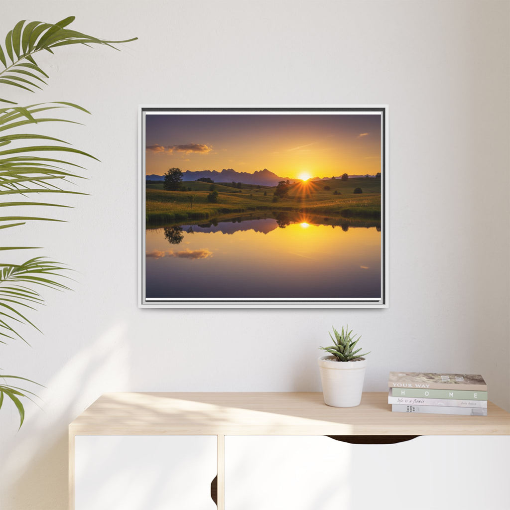 Framed Matte Canvas Sunset Landscape — Serene Lake Reflection Wall Art