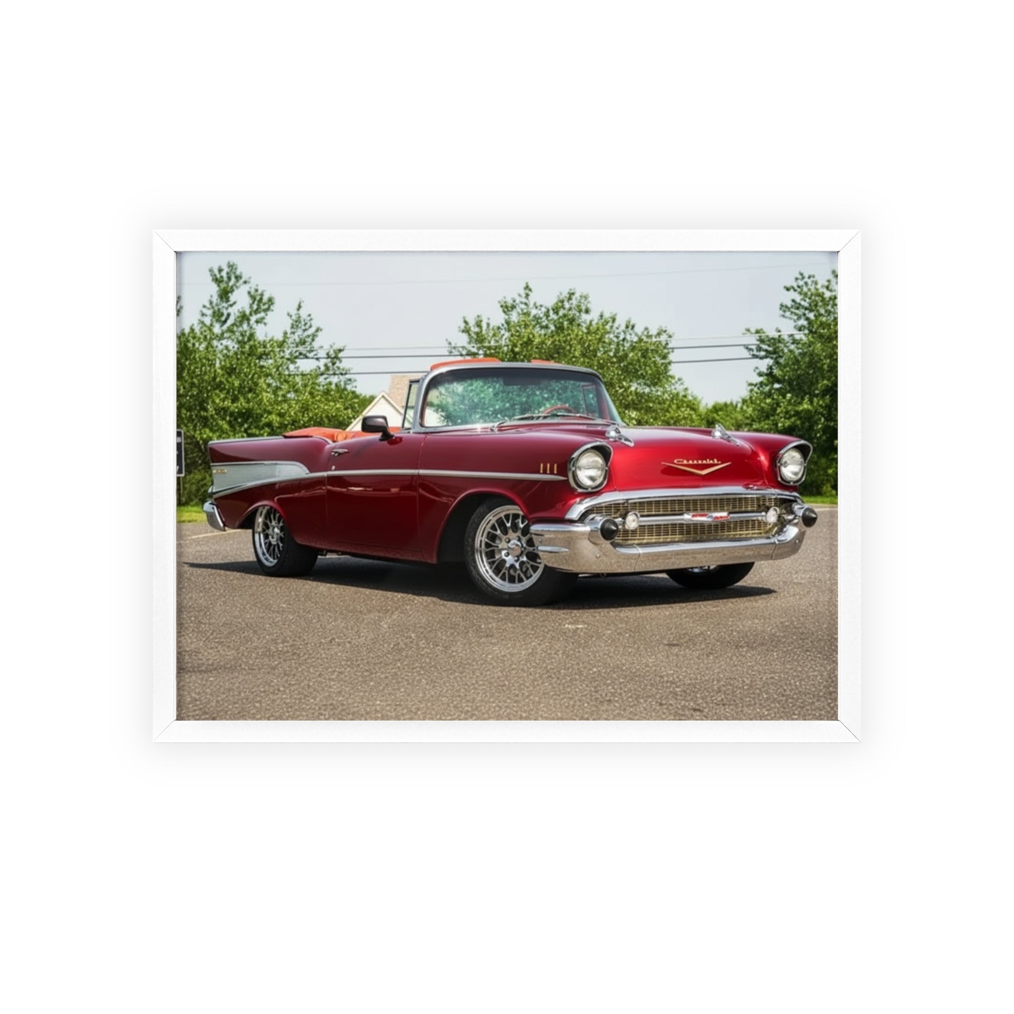 Classic Red Chevy Poster with Wooden Frame — Vintage Car Wall Art for Garage, Man Cave, Auto Enthusiasts
