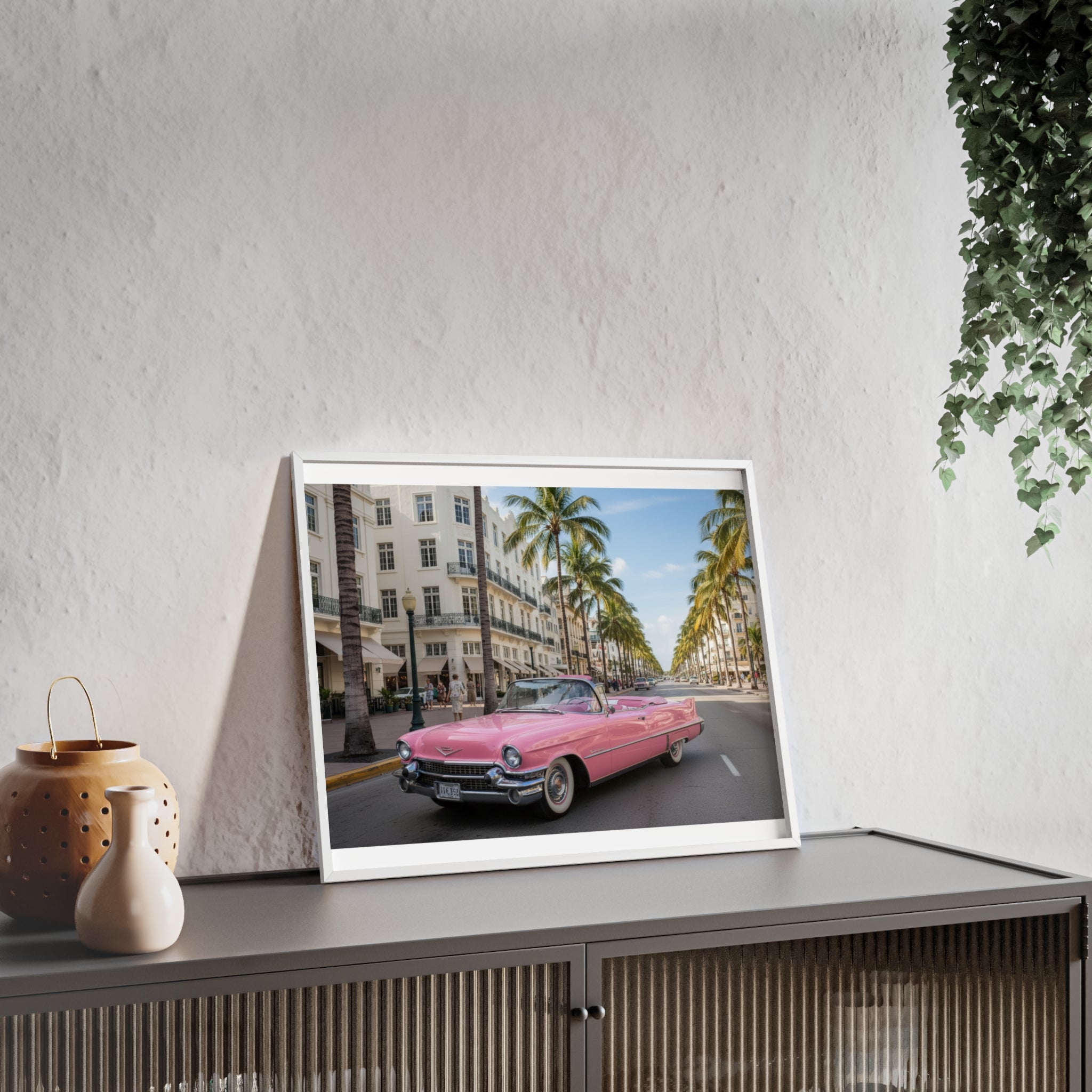 Vintage Pink Cadillac Wall Poster with Wooden Frame — Retro Miami Palm Street Photography