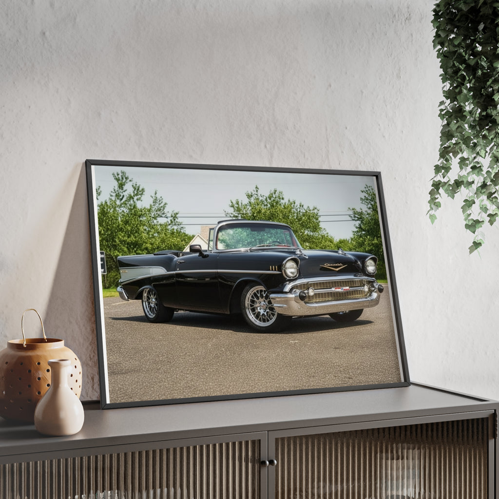 Classic Black 1957 Chevy Poster with Wooden Frame — Vintage Car Wall Art