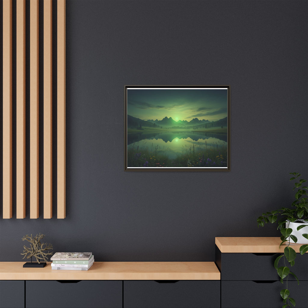 Framed Matte Canvas Print — Serene Green Mountain Lake Landscape
