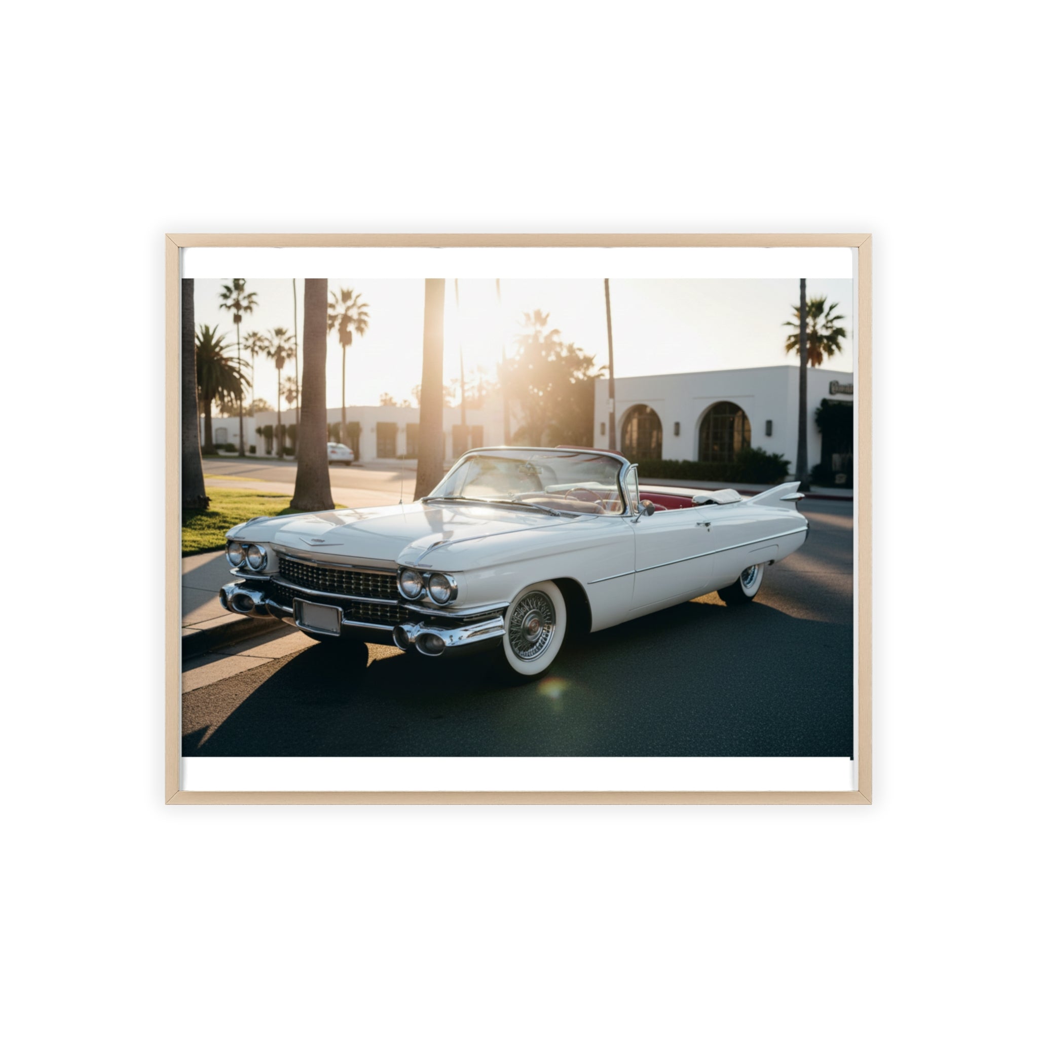 Vintage Cadillac Convertible Poster with Wooden Frame — Retro Palm Trees Sunset Wall Art